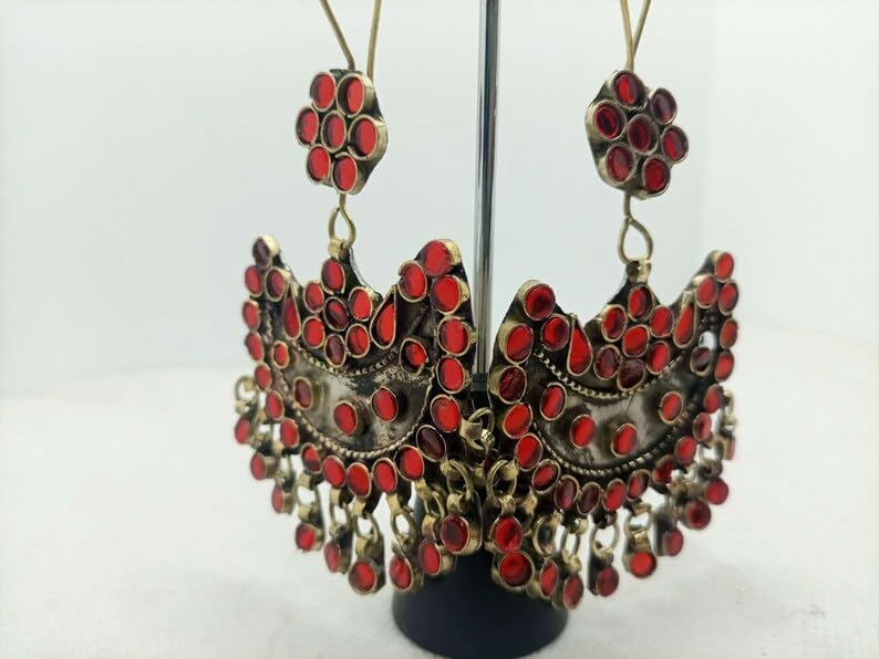 Handmade Kuchi Afghan Tribal Dangle Earrings for Women - Glass Stone Beaded Statement Jewelry | Traditional Indian & Gypsy Style Accessories | Perfect for Festivals, Weddings & Boho Fashion