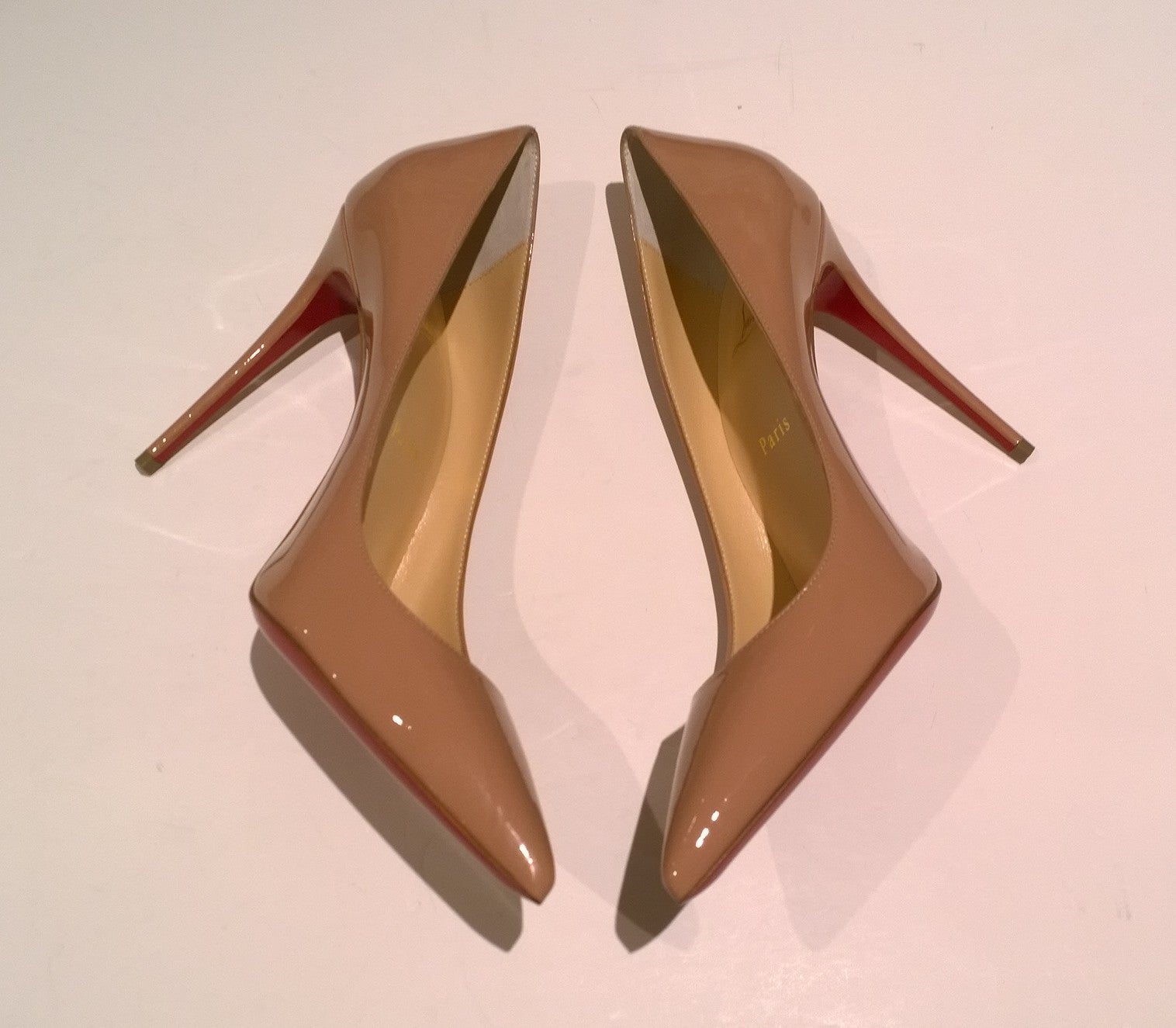 Christian Louboutin Kate 100mm Beige Nude Patent Leather Pumps - Luxury Designer High Heels for Women | Perfect for Weddings, Parties & Special Occasions