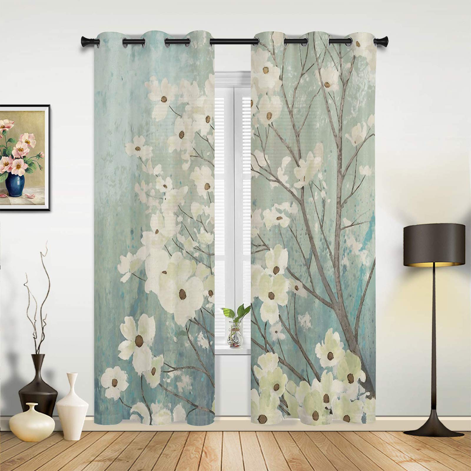 Thermal Insulated Blackout Curtains for Living Room & Bedroom - 63 Inch Floral Printed Polyester Window Drapes, Set of 2 Panels - White Flower Branch Nature Design for Kitchen, Bathroom & Cafe Decor (Perfect for Energy Saving & Light Blocking)