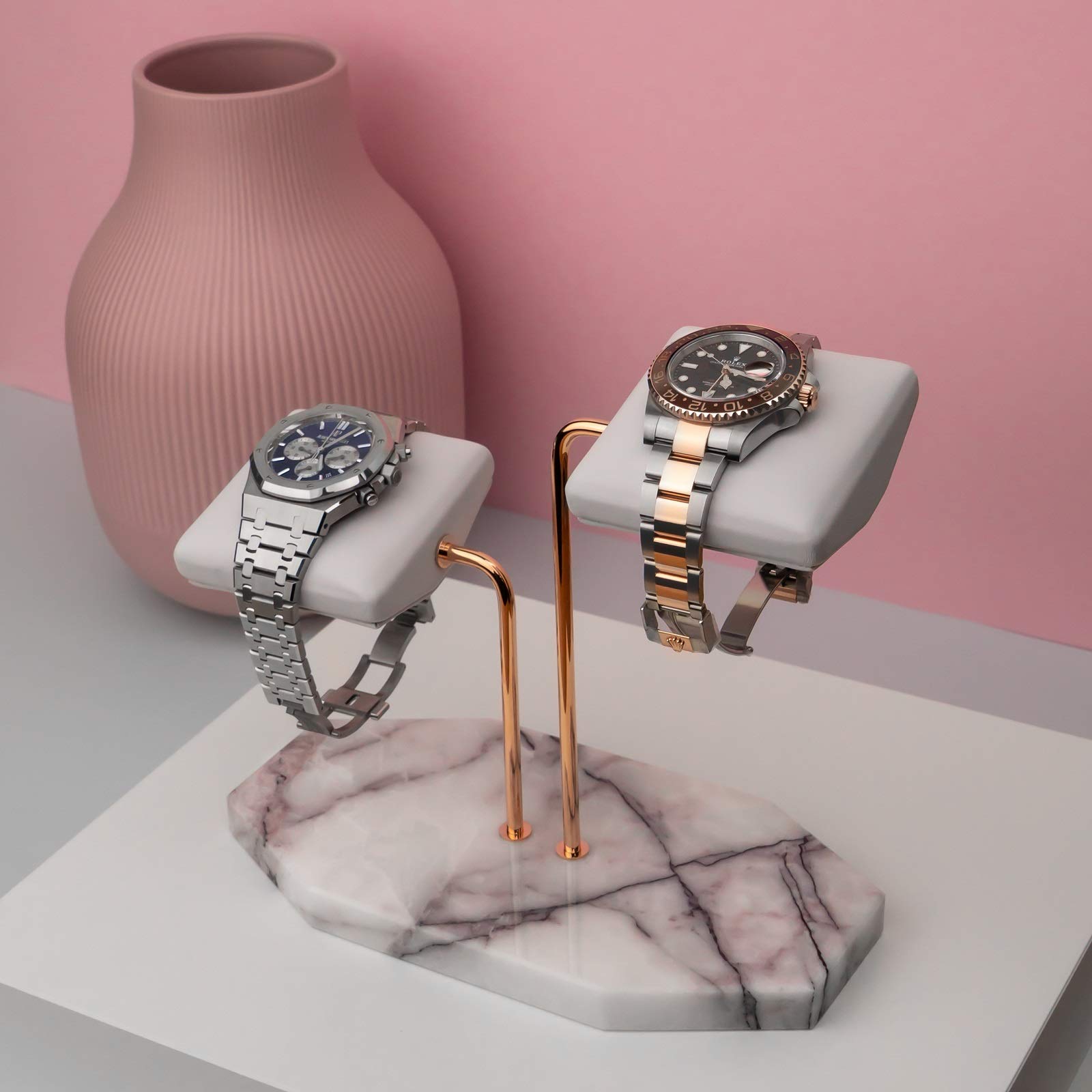 LYS&LYX Handcrafted Watch Stand - Premium Watch Display Holder for Luxury Watches (2-Pack, White/Rose/White) - Perfect for Jewelry Store, Home Decor & Watch Collection Display