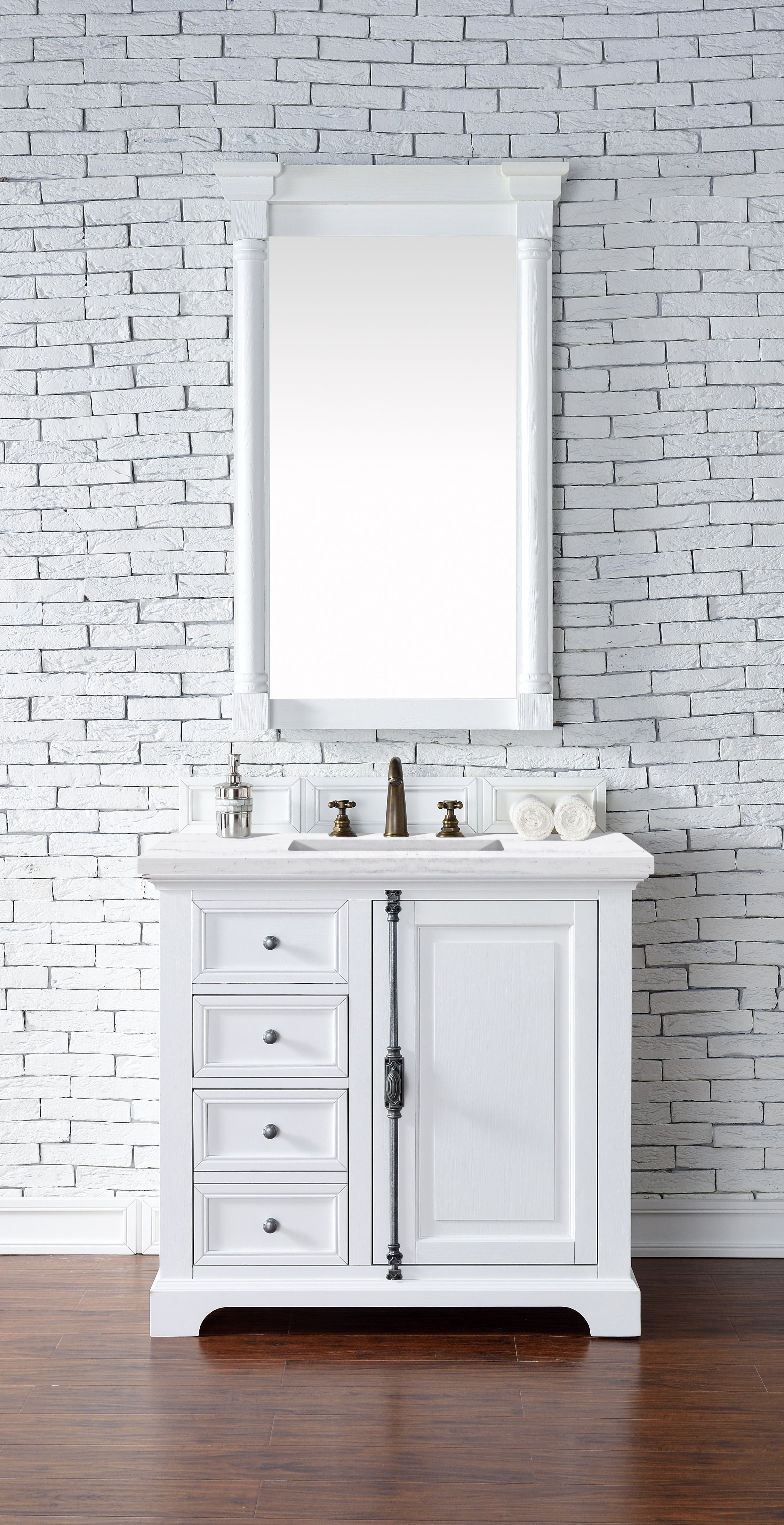 Providence 36-Inch Bright White Bathroom Vanity with 3CM Arctic Fall Solid Surface Top | Modern Single Sink Vanity for Master Bath & Powder Room