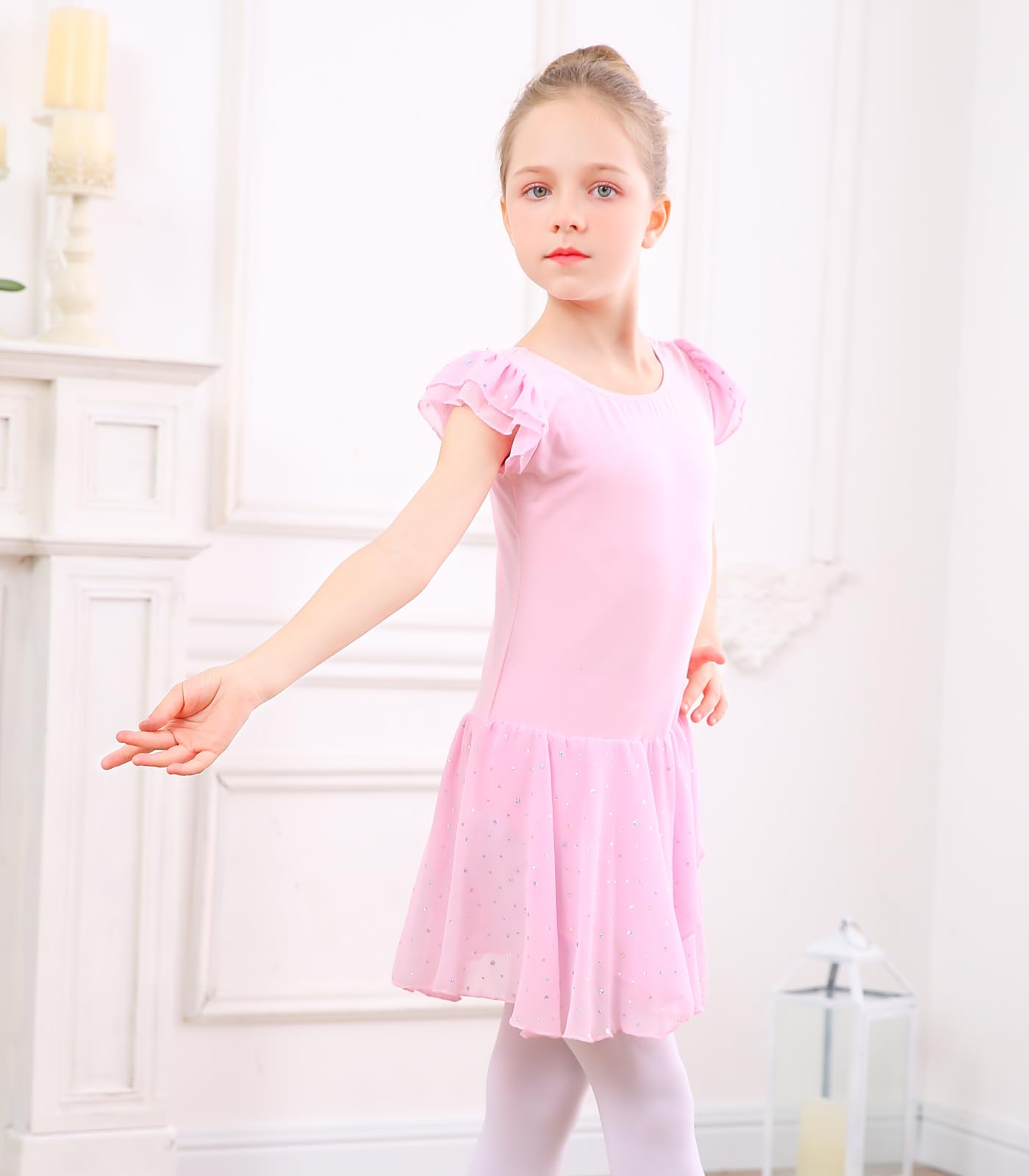 Girls Ballet Leotard with Ruffle Sleeves - Sparkle Dance Leotard Costume for Kids Ages 3-9 Years - Perfect for Ballet Class, Recitals & Dance Performances