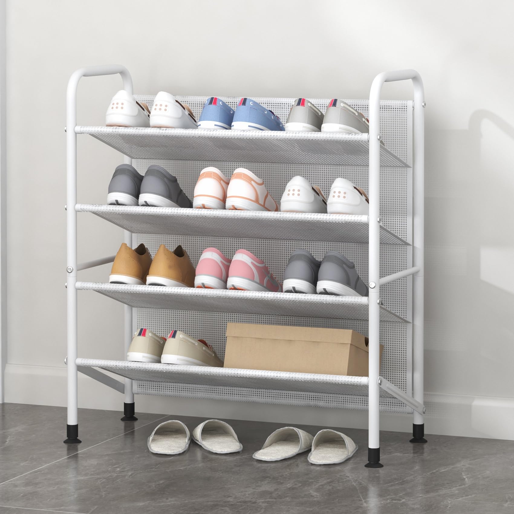4-Tier Metal Shoe Rack Organizer - Space Saving Narrow Shoe Shelf for Closet, Entryway, Hallway & Dorm Room - Durable Mesh Fabric Design (White) - Perfect for Small Spaces & Apartment Living