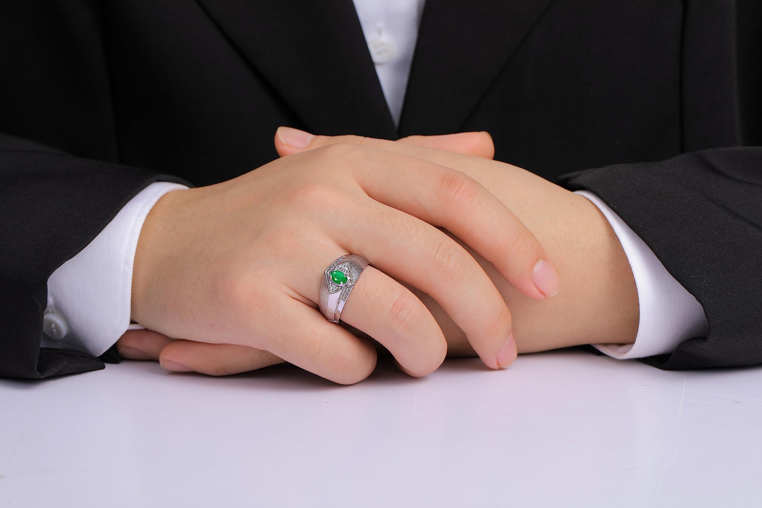 RYLOS Sterling Silver Men's Ring with 6X4MM Oval Gemstone & Genuine Diamonds - Birthstone Jewelry for Men - Elegant Emerald Green Stone Ring for Gifts, Weddings & Special Occasions
