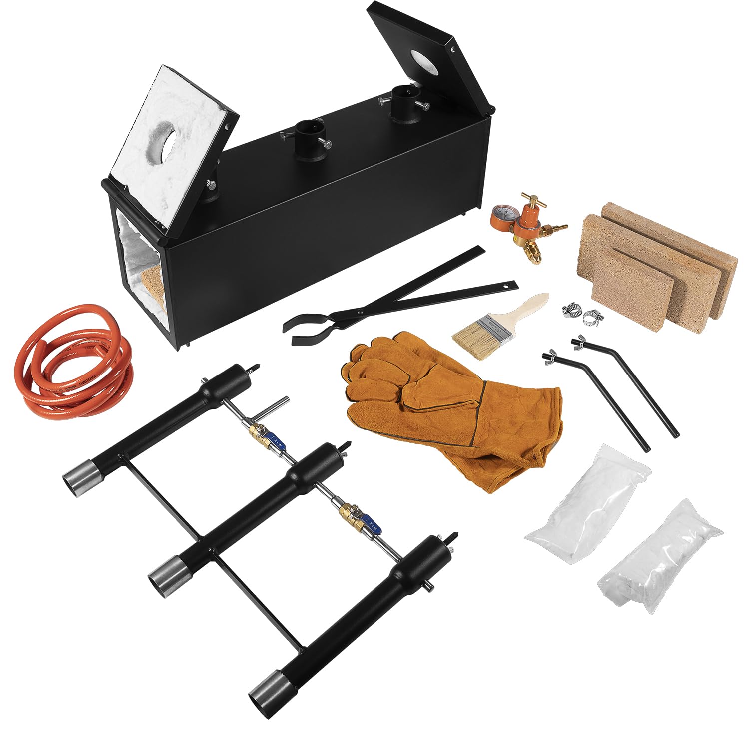 High-Temperature 2700℉ Propane Forge with 3 Burners - Large Square Blacksmith Gas Forge Kit with V-Bit Tongs & Leather Gloves - Perfect for Farrier Work, Knife Making, and Metal Tool Crafting - Ideal for DIY Blacksmithing, Jewelry Making, and Metalworking Projects