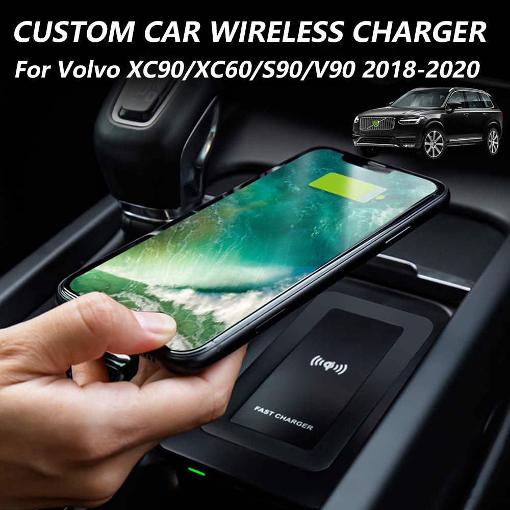 Volvo S90 V90 XC90 XC60 V60 S60 Wireless Car Charger (2020-2019 Models) - 10W Qi Fast Charging Pad with Dual 18W QC3.0 USB Ports for iPhone & Samsung - Perfect for Commuting & Road Trips
