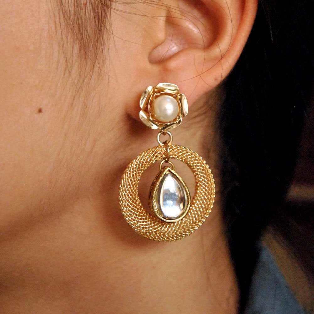 Golden Floral Stud with Pearl Hoop Mesh Earrings - Dangling Drop Shape Kundan Hoop - Bollywood Designer Indian Jewelry Set for Women - Perfect for Weddings, Parties & Festive Occasions