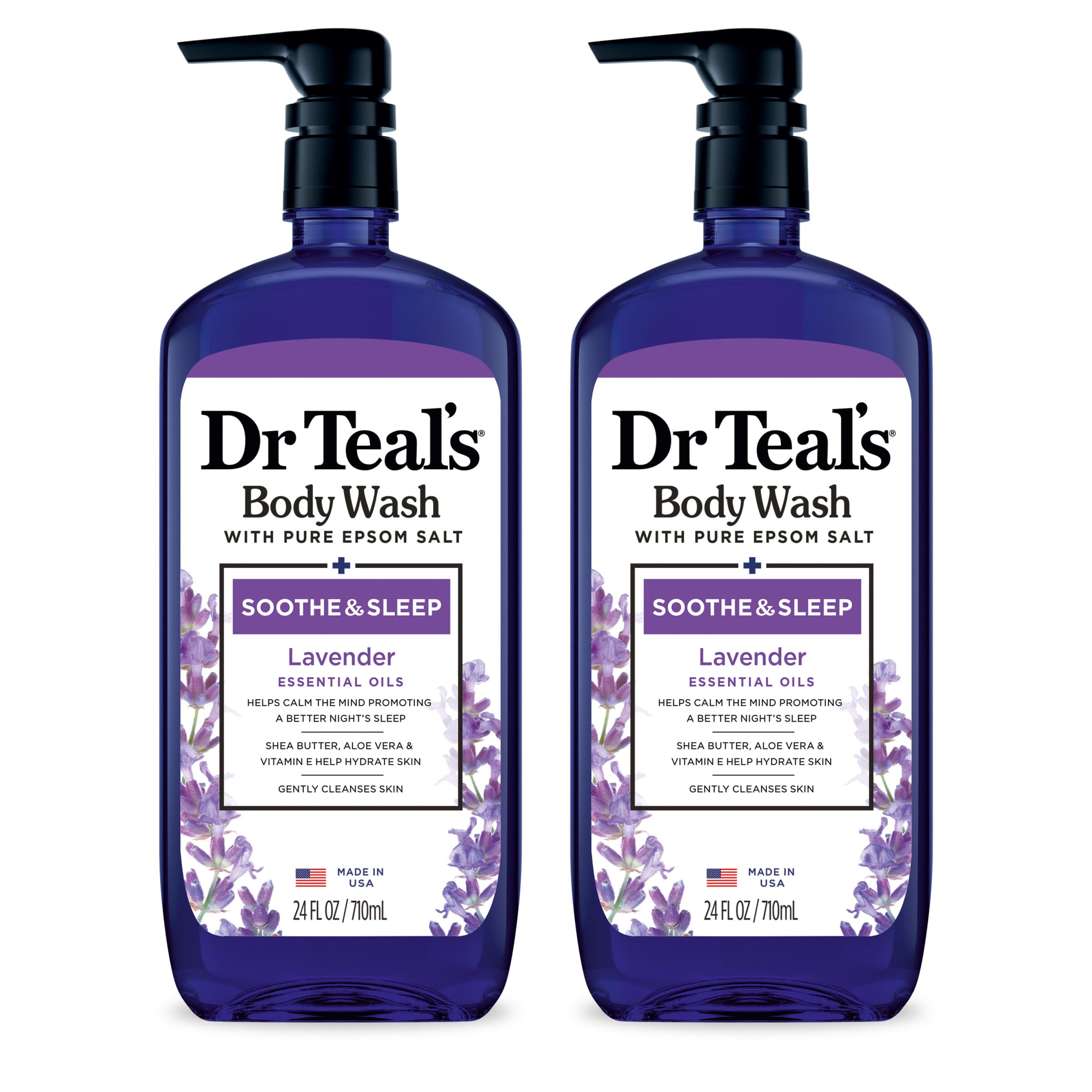 Dr Teal's Lavender Scented Body Wash & Epsom Salt Soak Bundle - 24 fl oz Body Wash (2 Pack) + 3 lbs Soaking Solution - Relaxing Bath & Shower Essentials for Stress Relief & Muscle Recovery