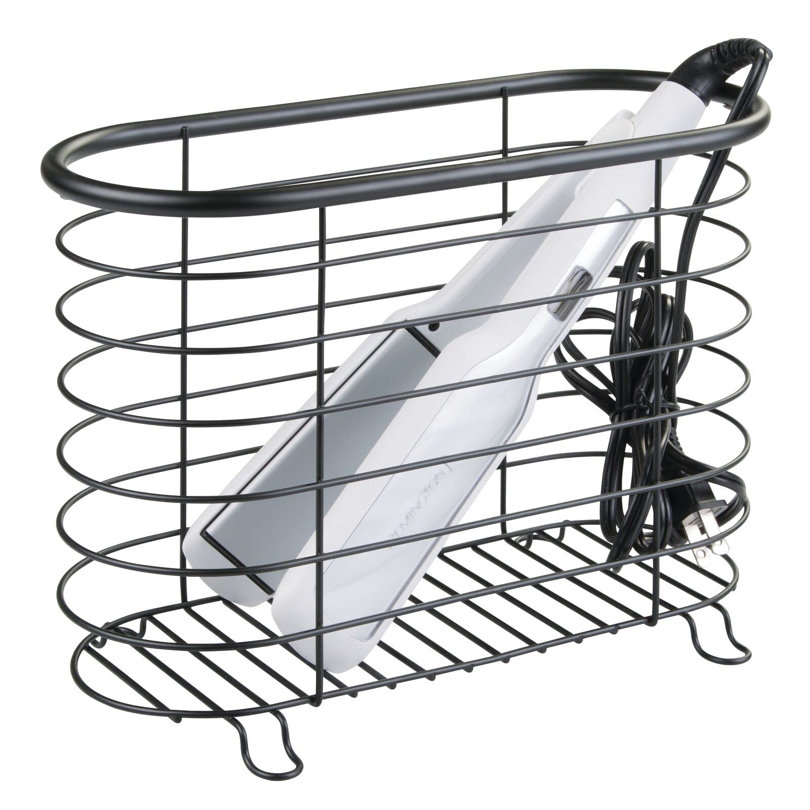 mDesign Matte Black Stainless Steel Hair Dryer Holder & Flat Iron Organizer Bin - Storage for Hair Dryer, Brush, Curling Iron, Straightener | Bathroom, Bedroom, Living Room Organizer | Perfect for Vanity, Salon & Travel Use