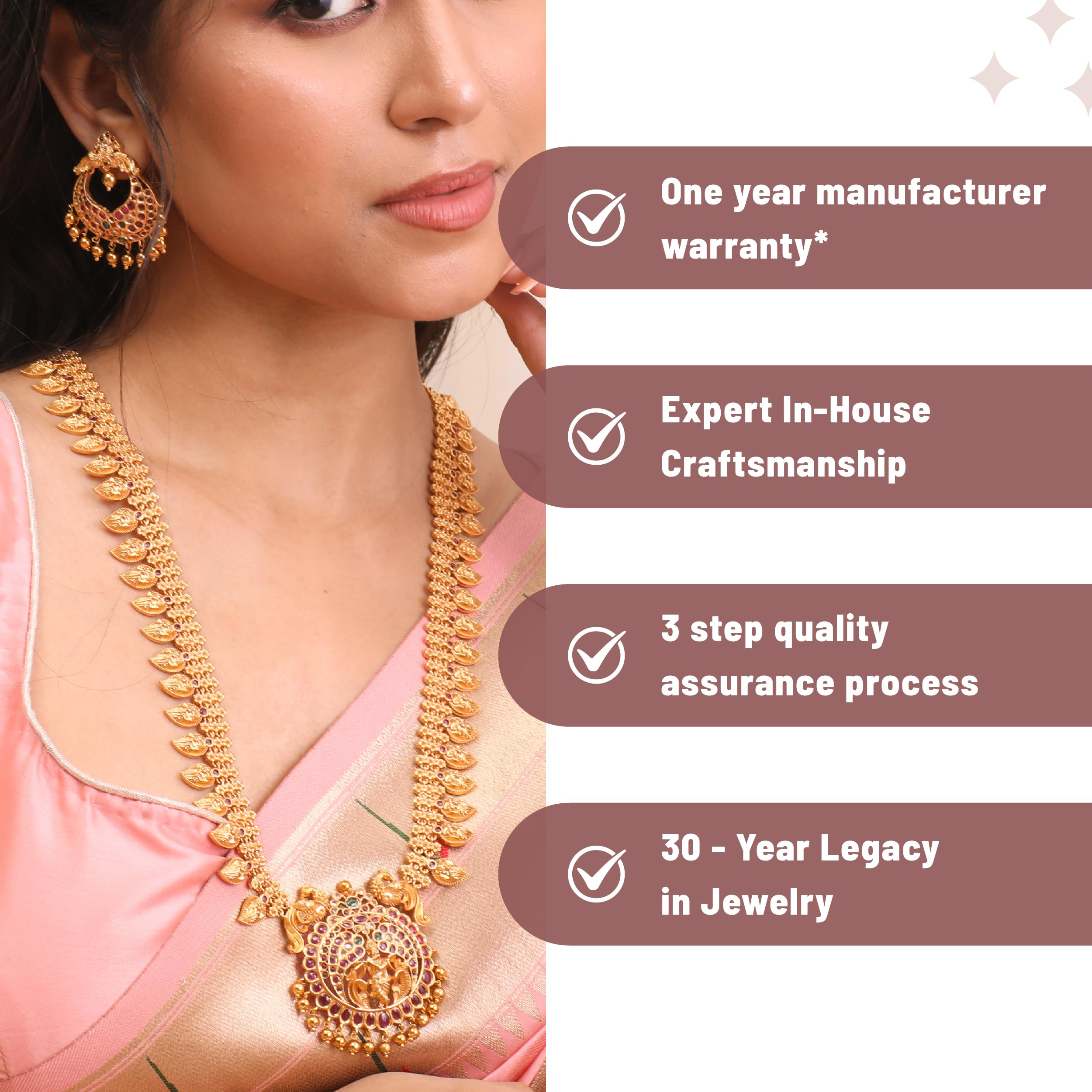 Antique Gold Plated Gita Long Necklace Set with Peacock Design - Indian Jewelry for Women | Traditional South Indian Necklace Set | Perfect for Weddings, Festivals & Ethnic Occasions | 1 Year Warranty | Elegant Gift for Brides & Cultural Events