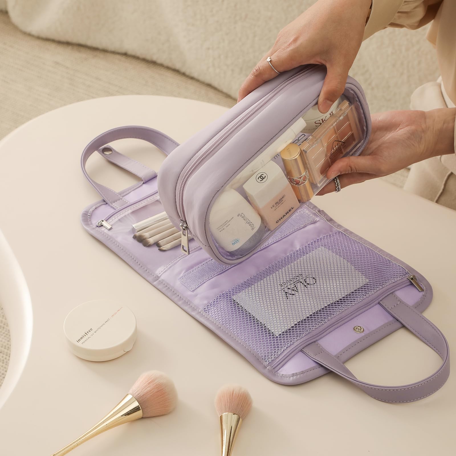 Travel Makeup Bag for Women & Girls - Removable Cosmetic Organizer with Brush Compartment | Portable Puffy Toiletry Case with Clear Windows & Handle (Lavender) | Perfect for Air Travel, Gym, Beach & Daily Use