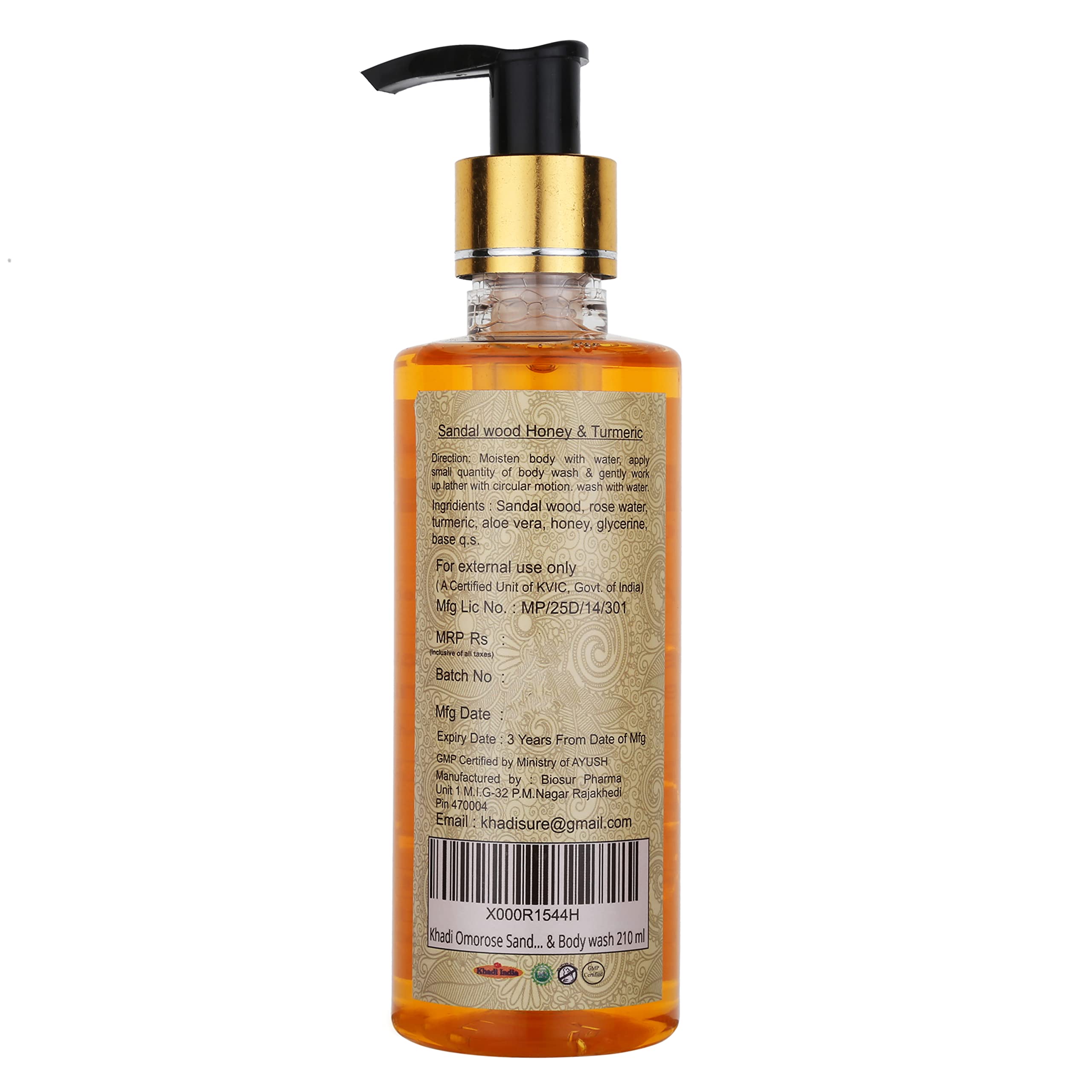 Khadi Omorose Sandalwood Honey Turmeric Face & Body Wash - 210ml | Natural Glowing Skin Cleanser for Women & Men | Daily Skincare Routine, Spa & Bath Essential