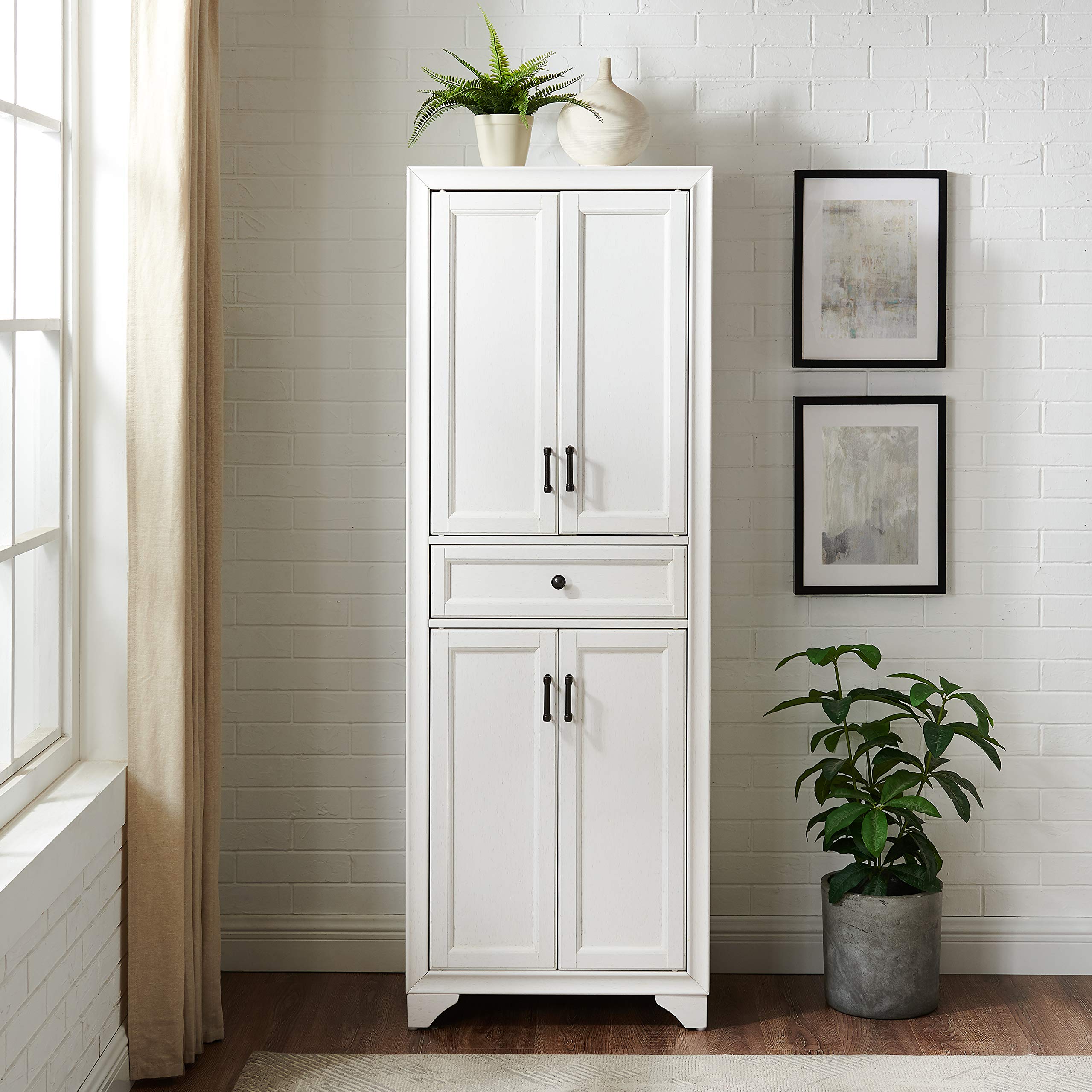 Crosley Furniture Tara Pantry Storage Cabinet with Adjustable Shelves - Distressed White Kitchen, Dining & Laundry Room Organizer - Perfect for Small Space Storage & Home Organization