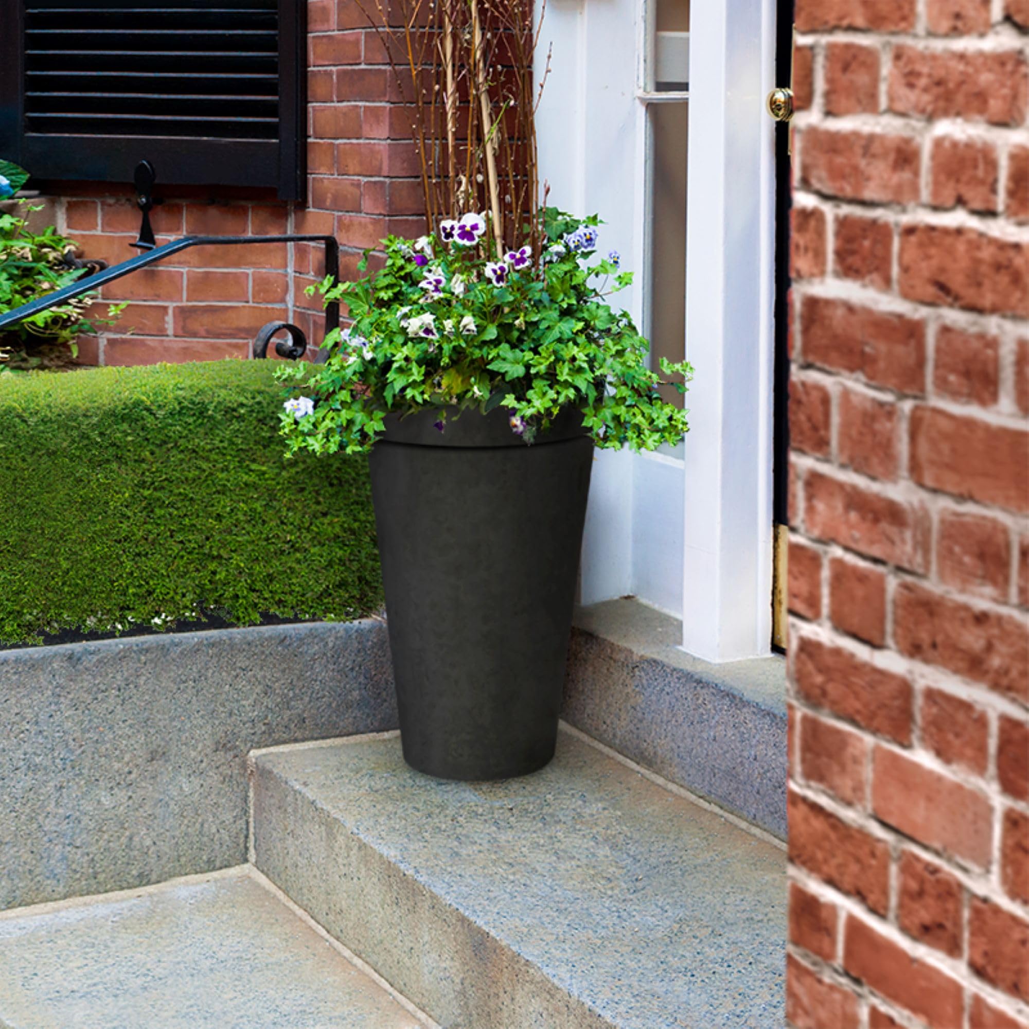TierraVerde 2 Pack Aria Round Planter - Indoor/Outdoor Self Watering Flower Pots, 15 Inch Wide x 26 Inch Tall, Black - Perfect for Home Decor, Garden, Patio & Office Plants