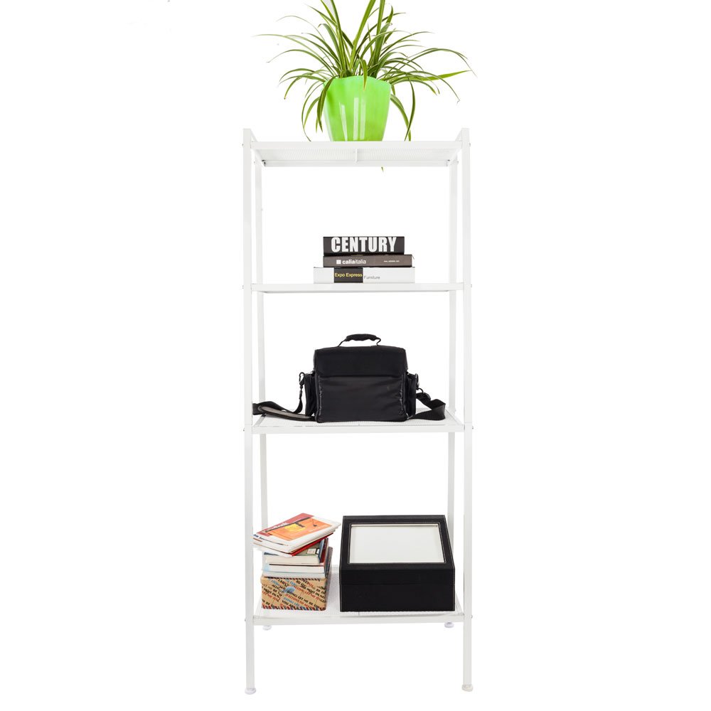4-Tier Metal Ladder Shelf - Wire Mesh Bookshelf for Office, Living Room, Balcony & Bedroom - Space-Saving Storage Solution in Ivory White - Perfect for Small Spaces & Home Organization