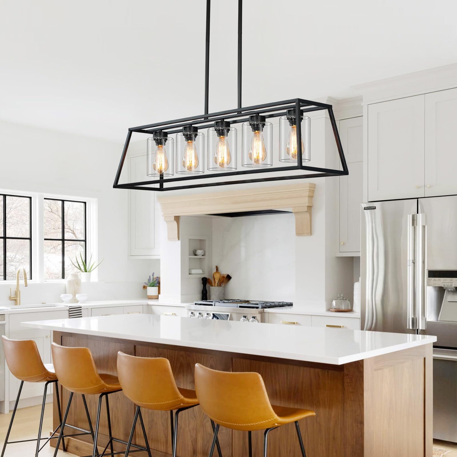 5-Light Black Farmhouse Chandelier for Kitchen Island & Dining Room - Rectangle Pendant Lighting with Clear Glass Cylinders - Perfect for Kitchen Counter, Breakfast Nook & Farmhouse Dining Areas