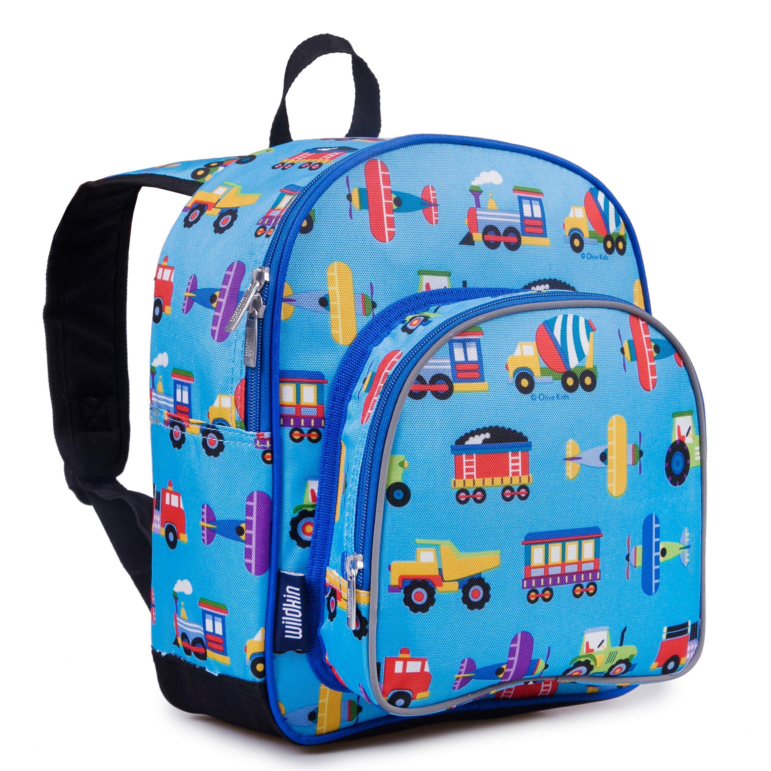 Wildkin 12 Inch Kids Backpack with Modern Nap Mat - Trains, Planes & Trucks Design for Boys & Girls | Perfect for Preschool, Daycare, Travel & Sleepovers