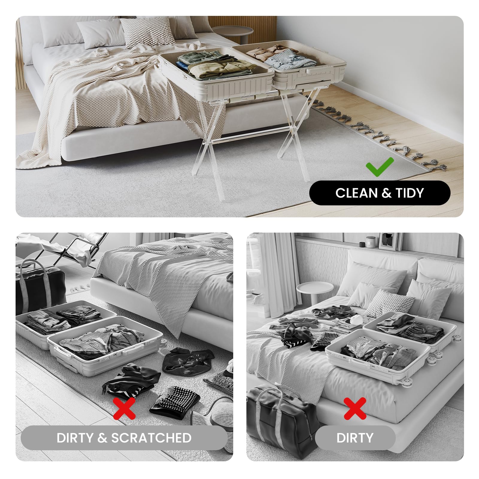 Foldable Acrylic Luggage Rack with Leather Straps - Heavy Duty Suitcase Stand Holds 50-100 lbs for Bedroom, Living Room & Hotel - Space Saving Beige Set of 2 - Perfect for Guest Rooms, Small Apartments & Travel Storage