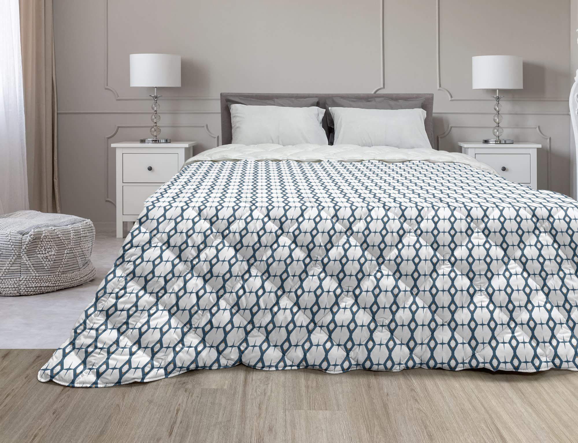 Ambesonne Abstract Down Alternative Comforter King Size - Nostalgic Rhombus Geometric Pattern in White Petrol Blue - All Season Microfiber Quilt for Bedroom Decor | Perfect for Modern Homes, Guest Rooms & Cozy Bedding