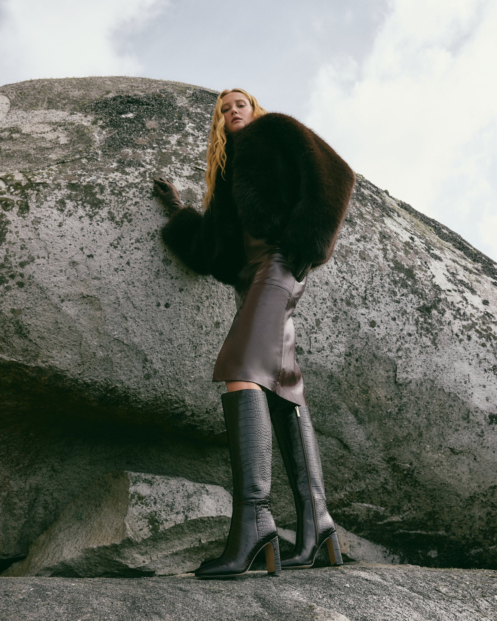 STORMI Women's Knee High Boots in Chocolate Croc Embossed Leather - Stylish & Comfortable for Fall, Winter & Outdoor Activities
