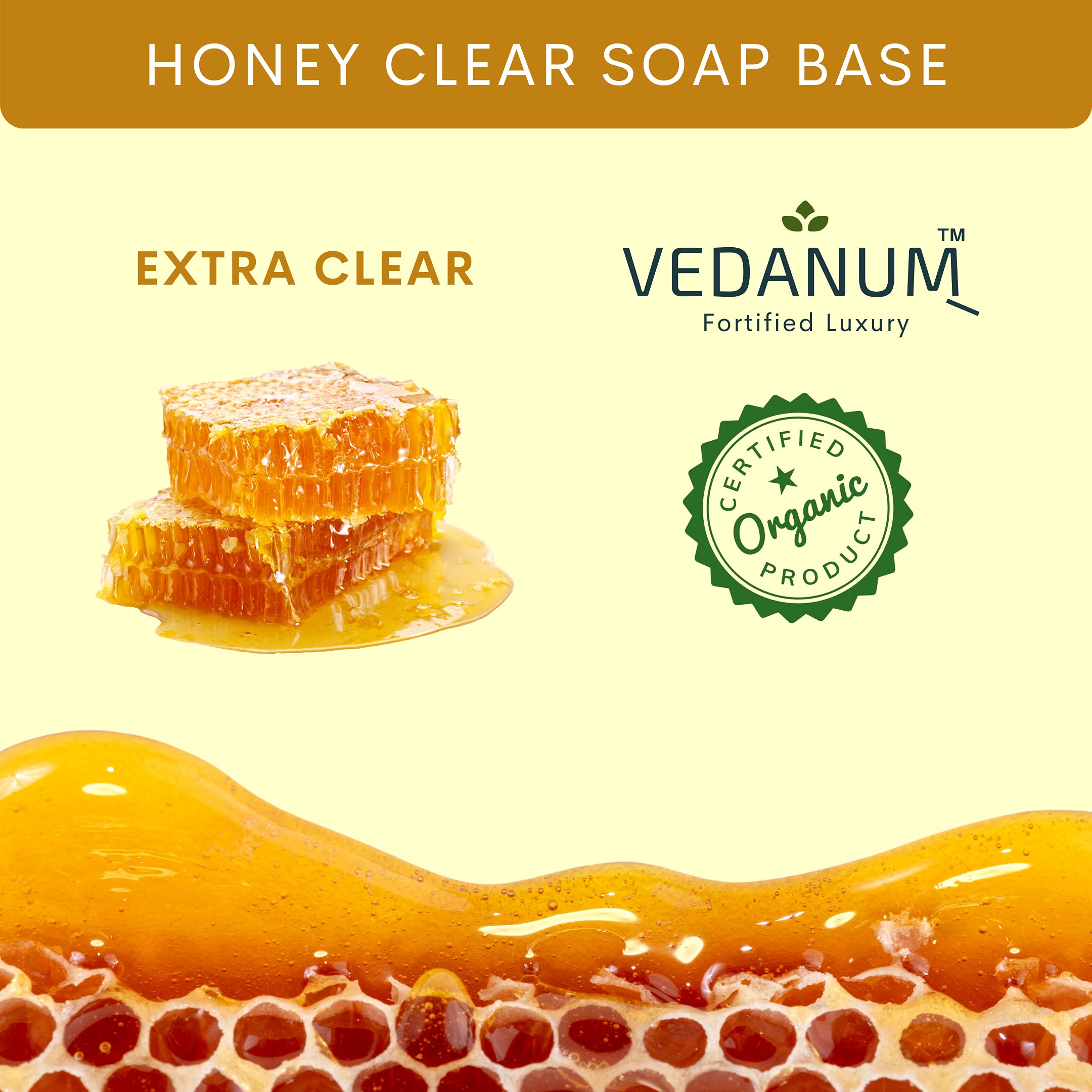 VEDANUM Pure Honey Melt and Pour Clear Soap Base for DIY Soap Making - 500g Sulfate & Paraben Free, Natural Skin Care for Handmade Glycerin Soaps, Bath & Body Products, Gift Making, Spa & Home Use