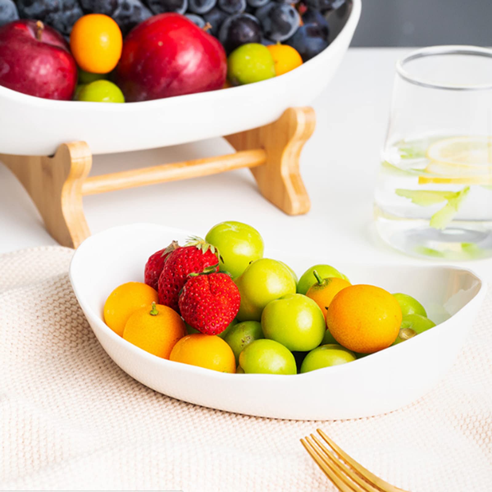 3-Tier Ceramic Fruit Bowl with Bamboo Stand - Large Capacity Serving Tray for Fruits, Vegetables, Snacks & Candy - Elegant Party Wedding Decor (White) | Perfect for Dining Table Centerpiece, Buffet Display & Kitchen Storage