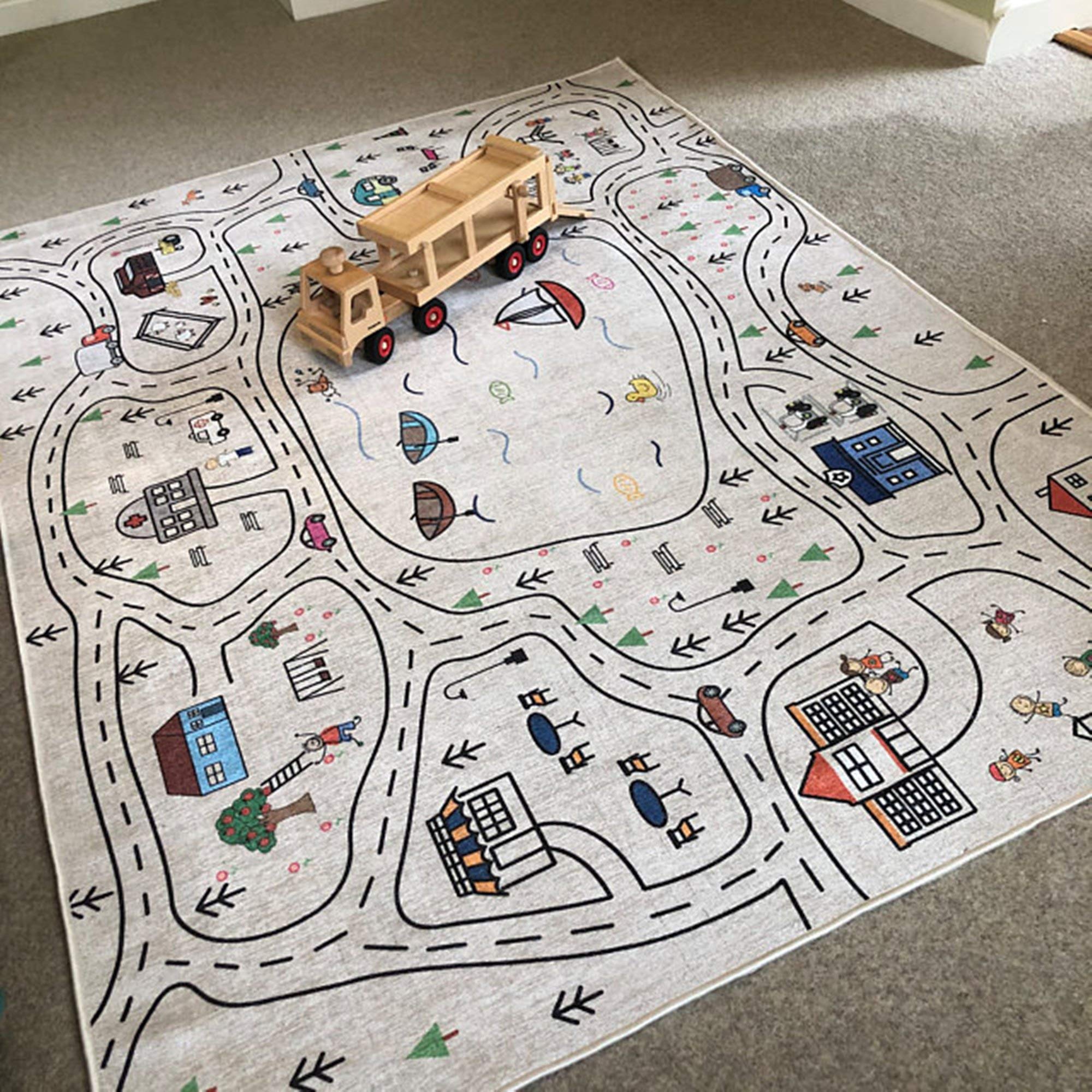 Happy Woody Nursery Rug - Non-Slip Kids Play Mat with Road Design, 39