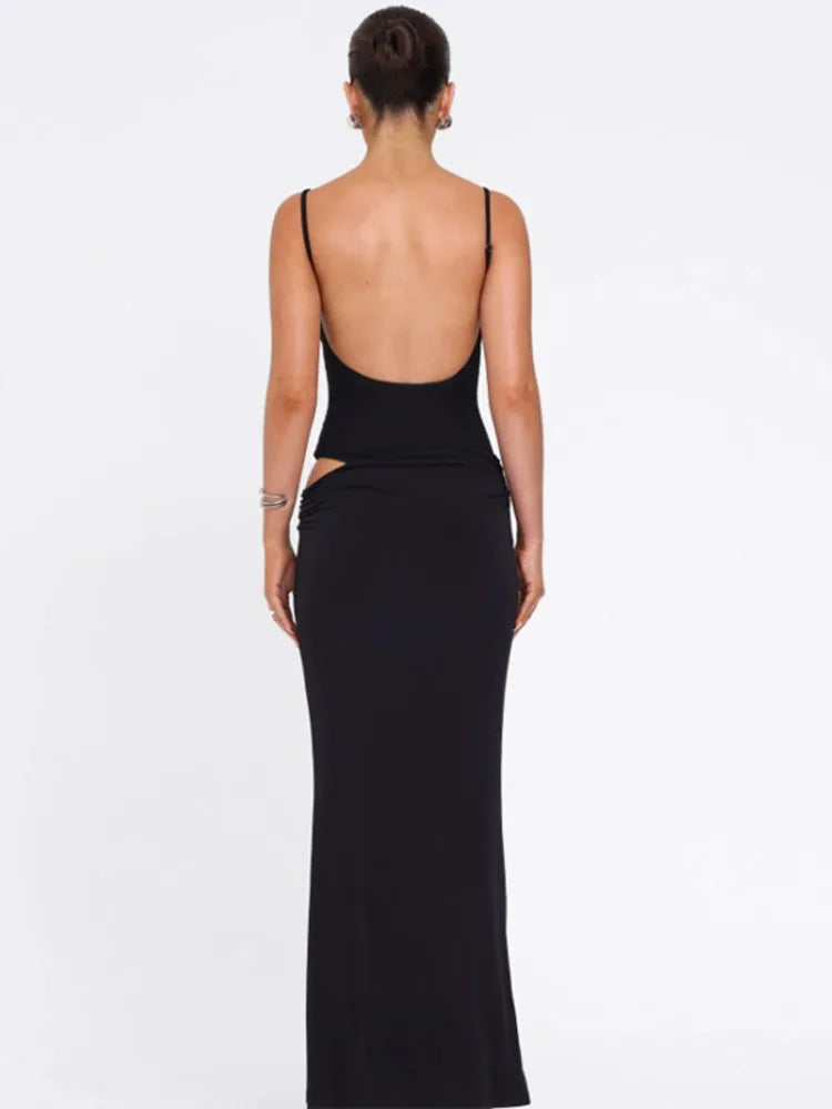 Black Sexy Dress Set for Women - Spaghetti Strap Bodysuit & Maxi Skirt Matching Outfit | Backless Slim Fit Long Skirt Set | Perfect for Date Night, Parties & Special Occasions