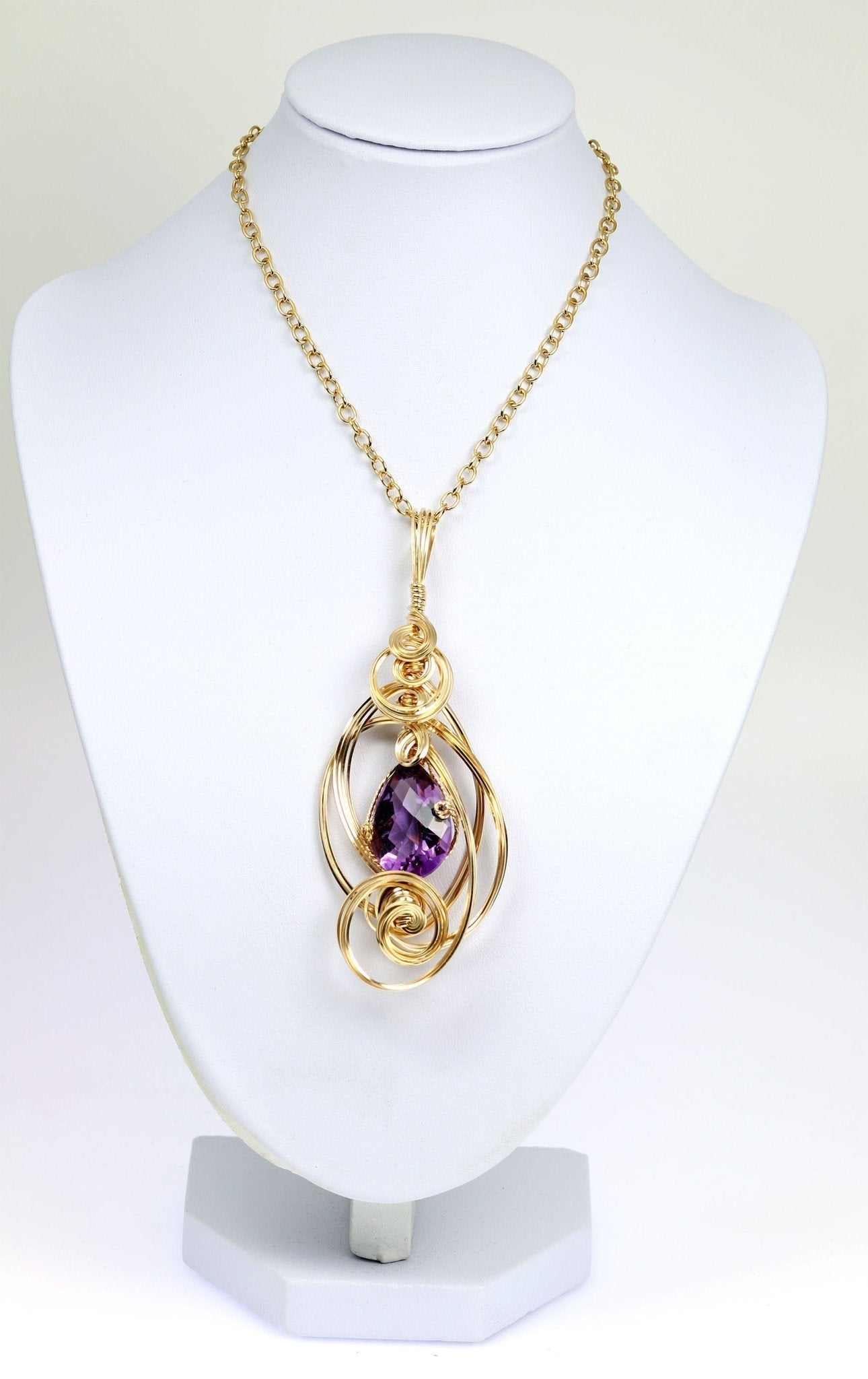 22.5 CT Natural Amethyst Gemstone 14K Gold Filled Wire Wrapped Pendant Necklace - Elegant Jewelry Gift for Women, Perfect for Weddings & Special Occasions