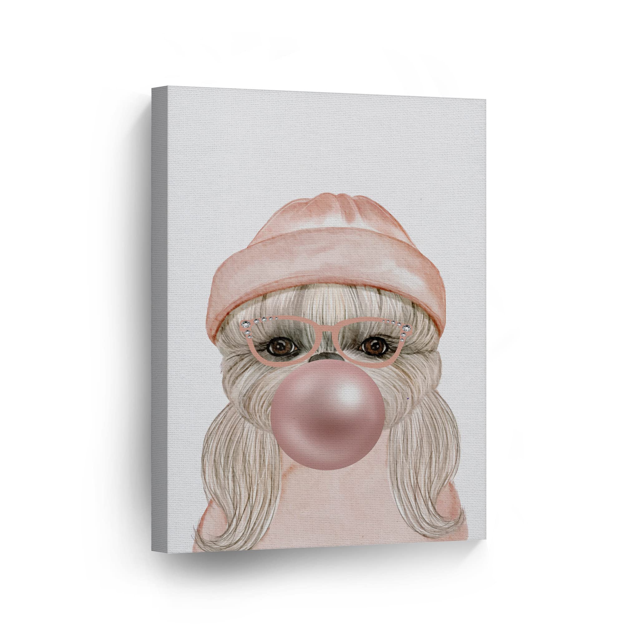 Smile Art Design Dog Portrait with Pink Hat Chewing Bubble Gum - Canvas Wall Art Print for Pet Lovers, Pop Art Decor for Office, Living Room, Bedroom, Nursery - Perfect Gift for Dog Owners - 36x24 Inches