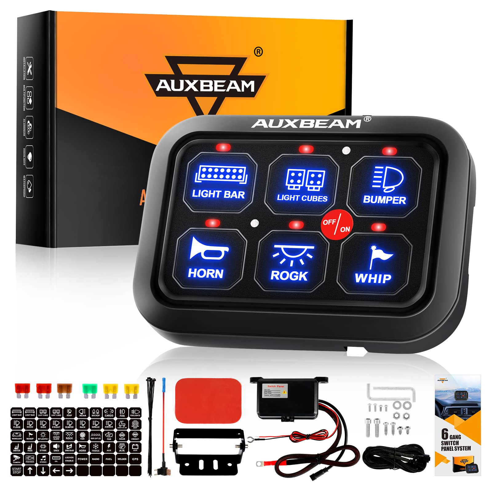 Auxbeam BC60 6 Gang Universal Switch Panel - Dimmable LED Touch Control Relay System for Cars, Trucks, UTVs, ATVs & Boats | Waterproof Circuit Box with 2-Year Warranty | Perfect for Off-Roading, Marine & RV Lighting Control (Blue)