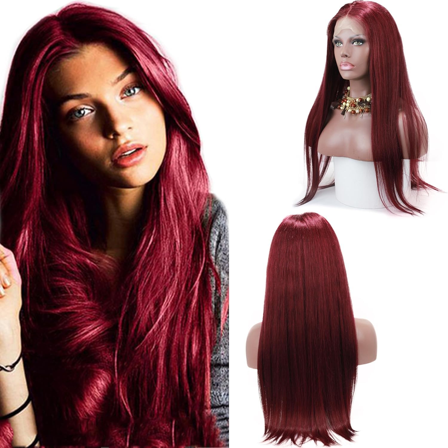 10A Glueless Pre-Plucked Natural Long Straight 99J Burgundy Wine Red Brazilian Human Virgin Hair Lace Front Wig with Baby Hair for Women - Perfect for Daily Wear, Cosplay & Special Occasions