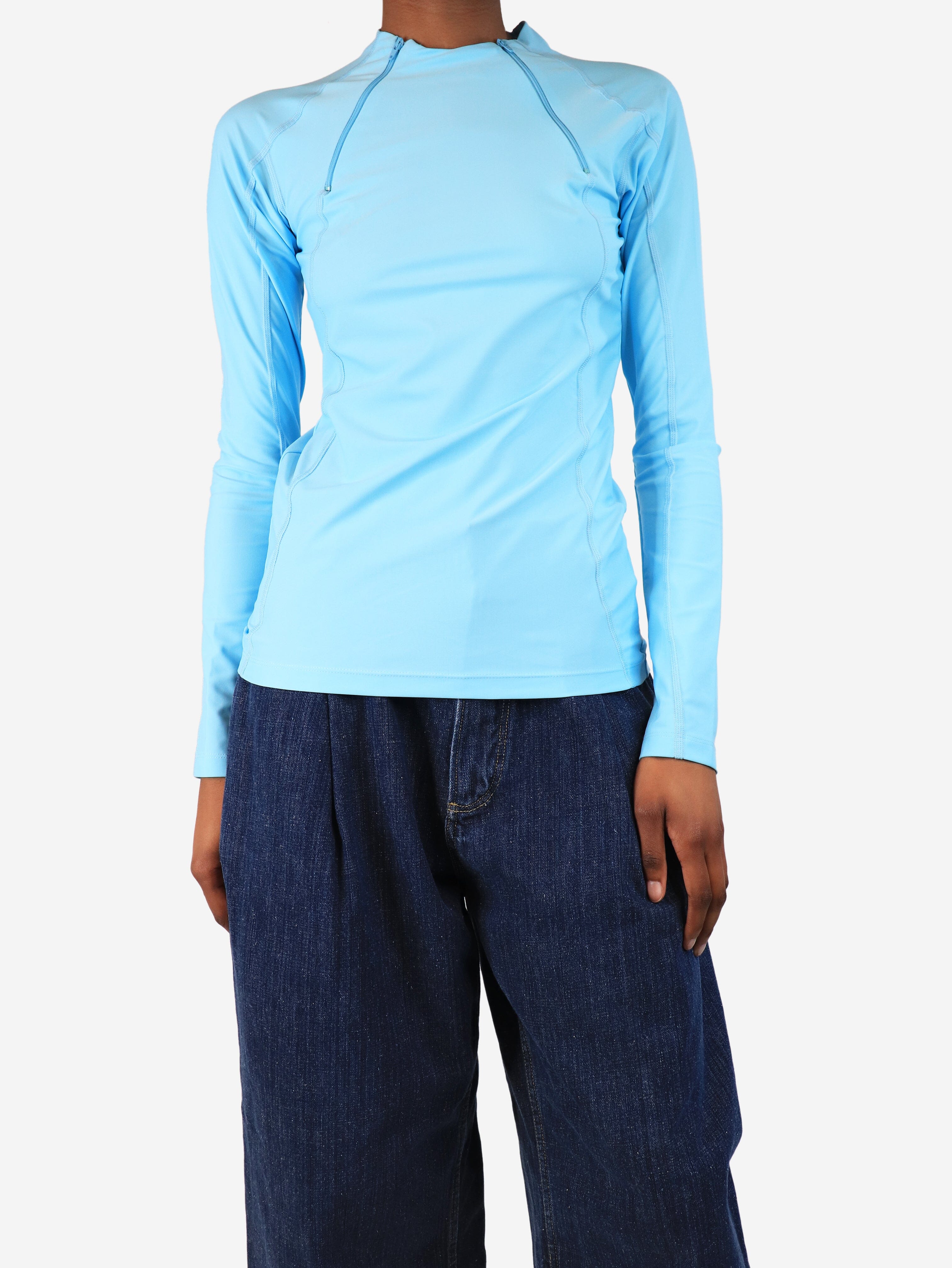 Blue Long Sleeve Zip Detail Top - Size S | Women's Casual Pullover Shirt for Everyday Wear & Layering