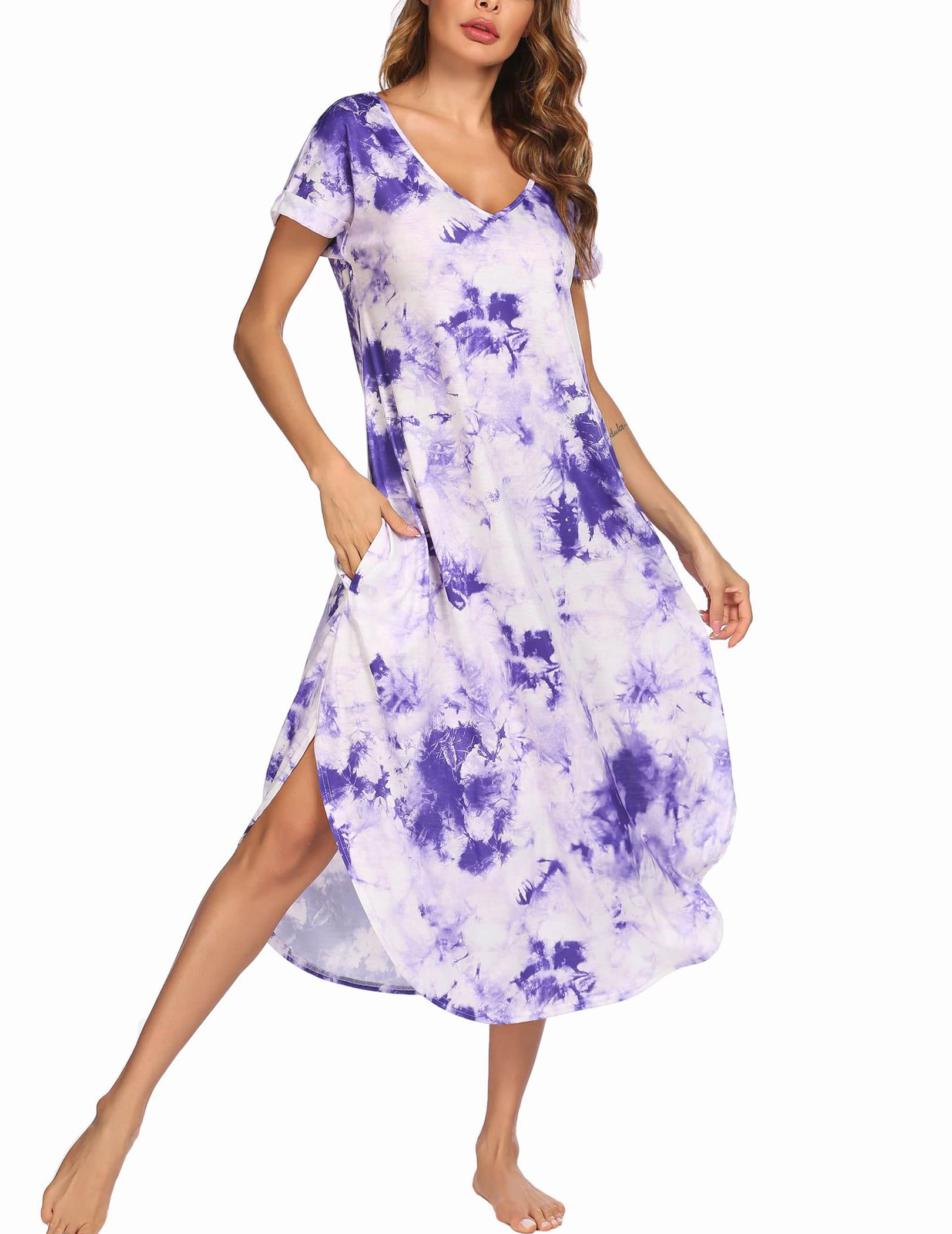 Ekouaer Women's V-Neck Short Sleeve Nightgown - Soft Sleepwear with Side Split Pockets, Sizes S-3XL - Perfect for Relaxing at Home, Lounging & Comfortable Sleep