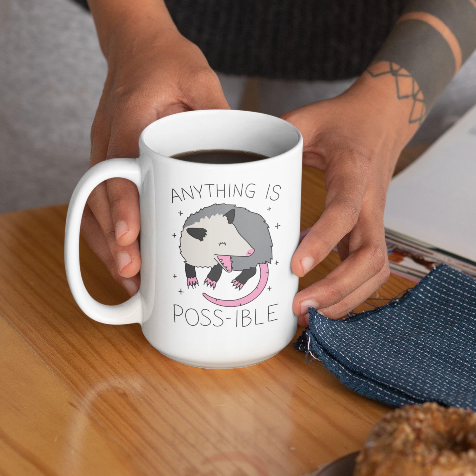 Funny Possum Coffee Mug - 15oz Double-Sided Print Ceramic Cup with 'Anything Is Poss-ible' Design | Novelty Gift for Women & Men | Perfect for Office Humor, Housewarming Gifts & Coffee Lovers