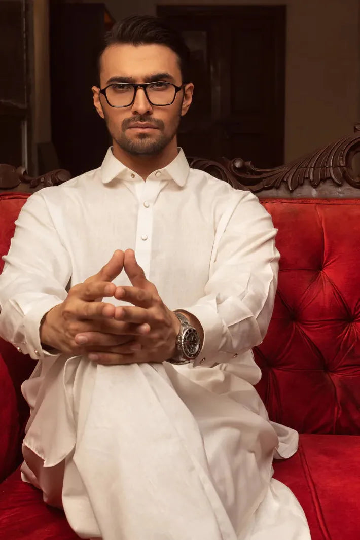 Stylish Blended White Kurta Shalwar by J. Junaid Jamshed - Wasim Akram Collection | Traditional Pakistani Outfit for Men | Perfect for Eid, Weddings & Festive Occasions