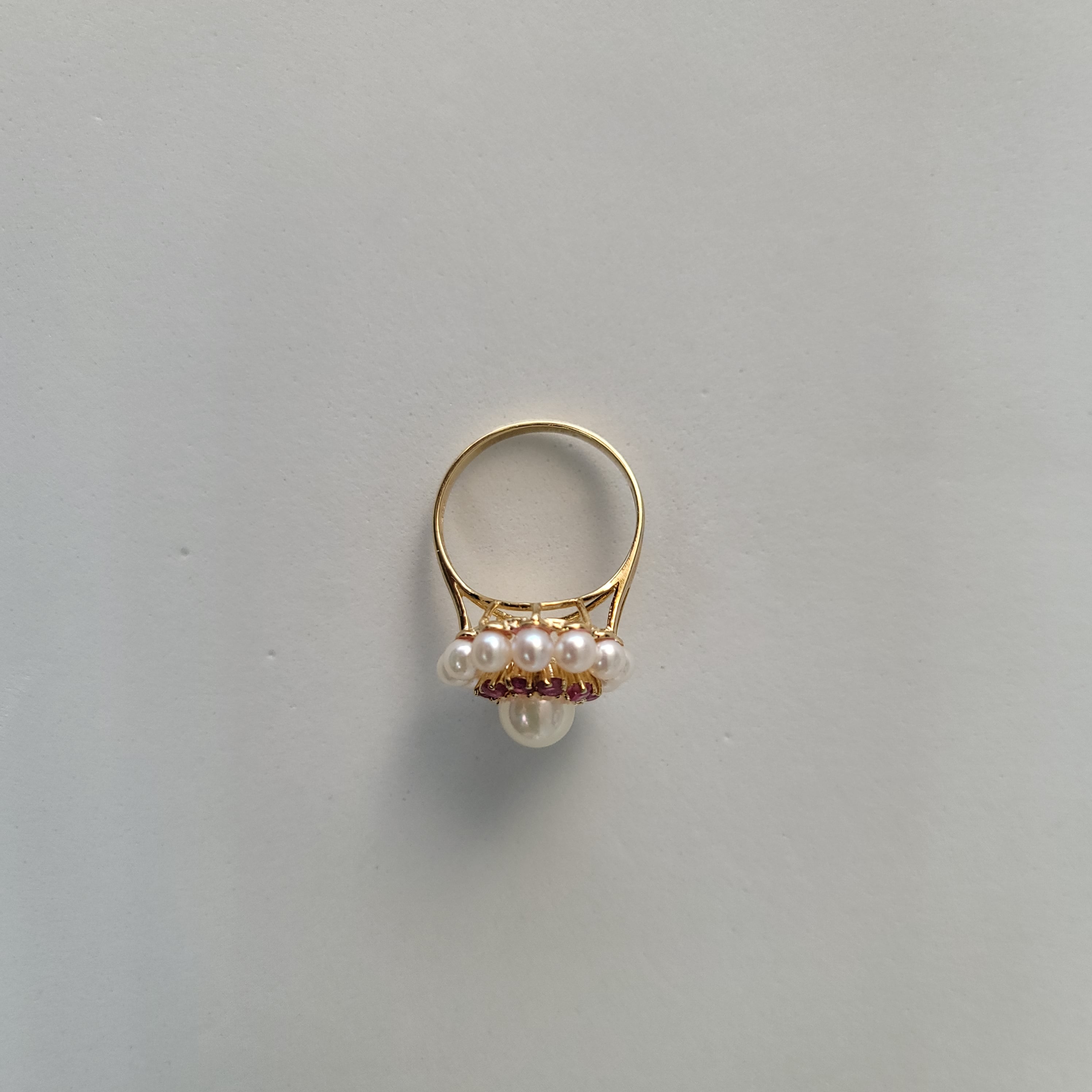 14k Yellow Gold Double Halo Pearl & Ruby Ring with 7MM Pearl - Elegant Jewelry for Weddings, Anniversaries & Special Occasions