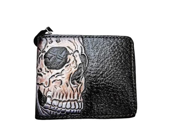Handmade 3D Genuine Leather Skull Wallet for Men - Custom Carved & Tooled Bifold Wallet with Airbrush Art | Perfect Gift for Bikers, Rock Fans & Unique Style Lovers