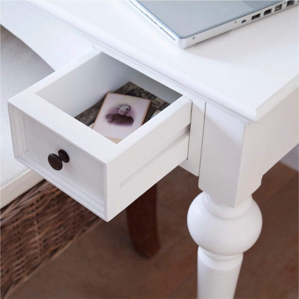 Provence Style Pure White Mahogany Wood Secretary Desk with 2 Drawers - Vintage Home Office Writing Desk for Study Room & Library