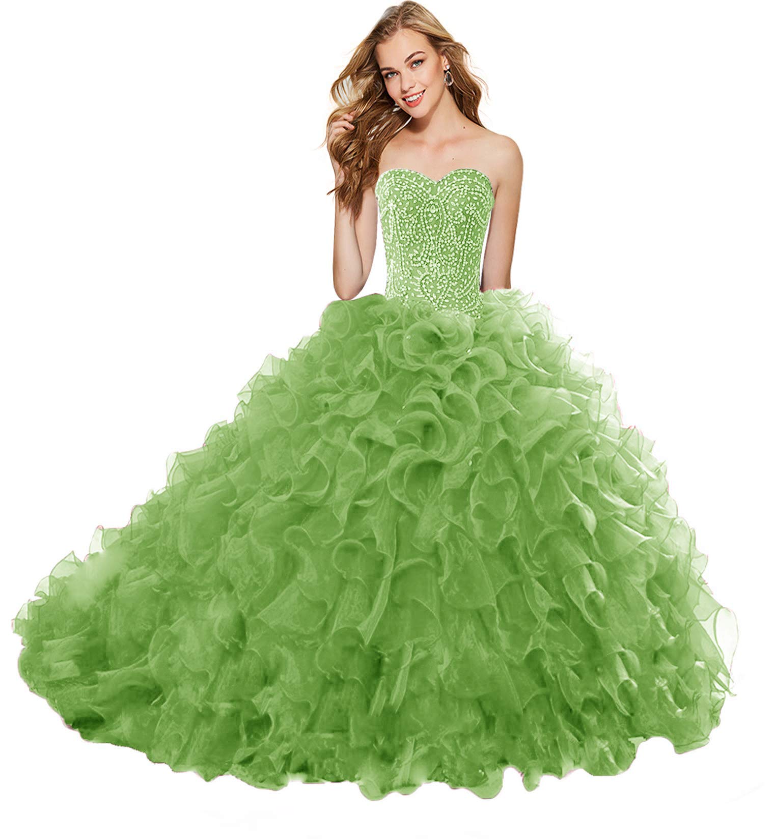 Elegant APXPF Women's Heavy Beaded Organza Ruffle Quinceanera Dress for Sweet 16 Prom Ball Gowns - Perfect for Quinceañeras, Sweet 16 Parties, Prom Nights & Formal Events