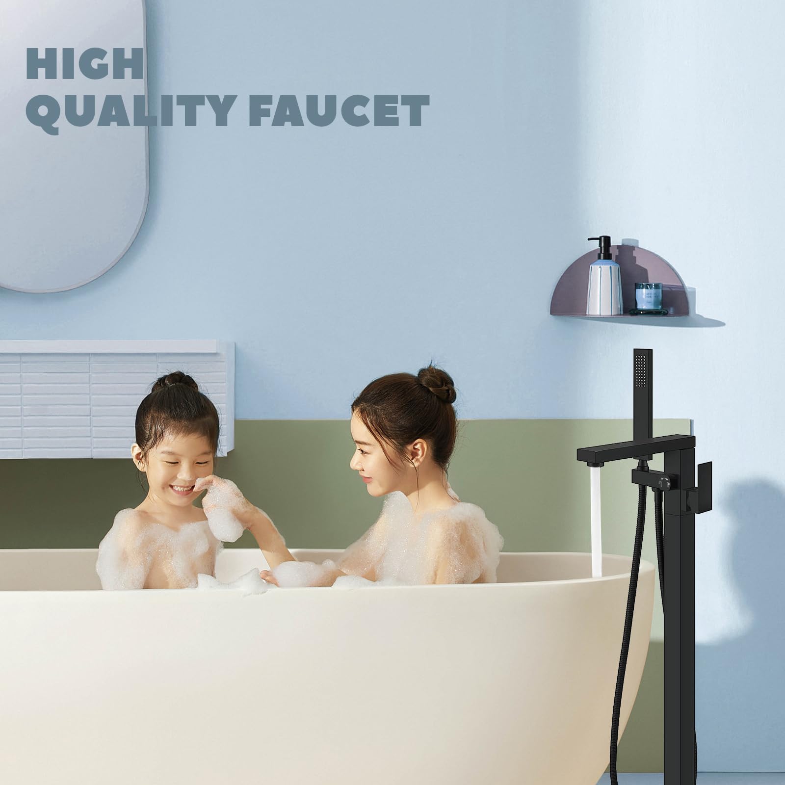 Matte Black Floor Standing Bathtub Faucet - High Flow Waterfall Freestanding Brass Tub Shower Faucet with Handheld Sprayer - Perfect for Modern Bathroom & Spa Relaxation