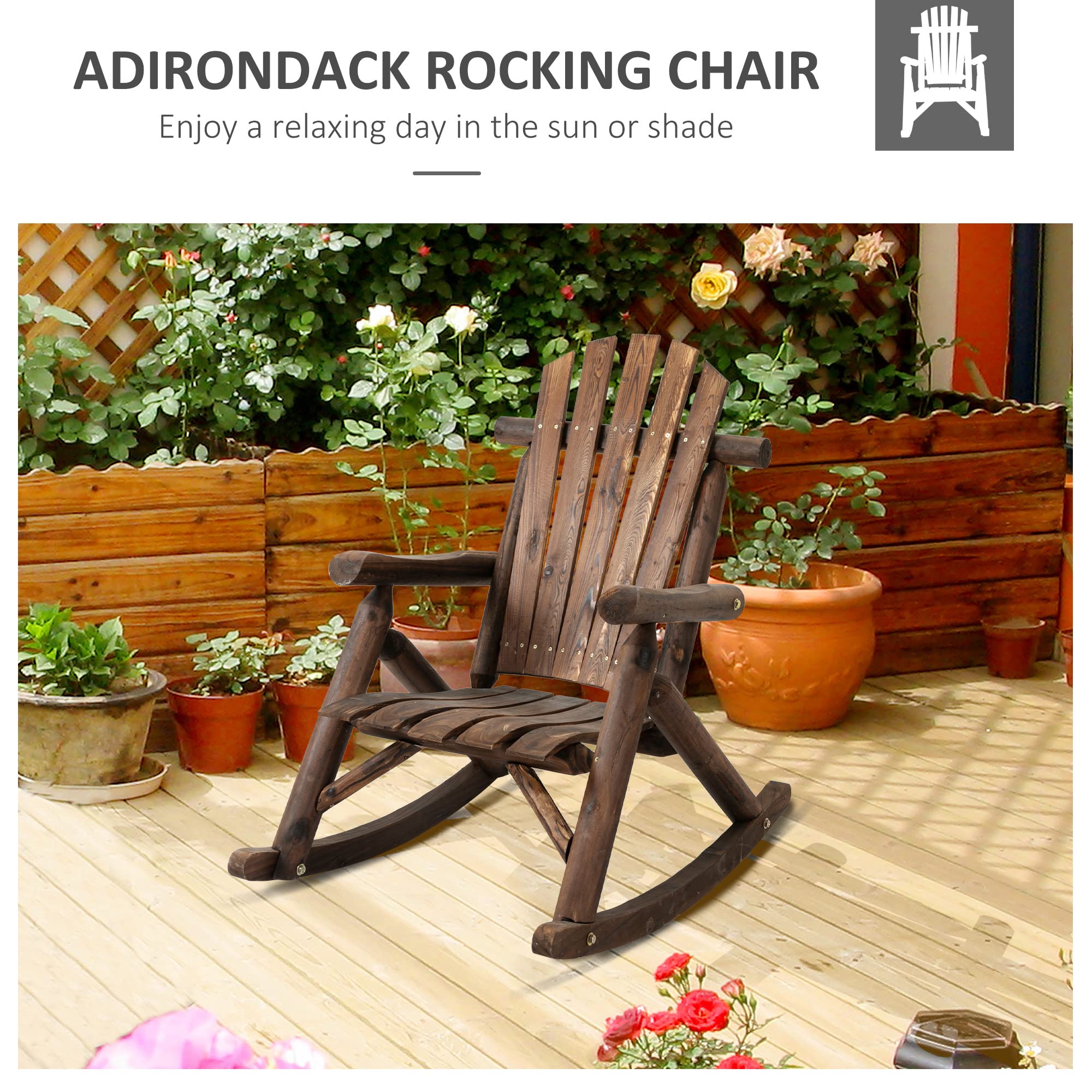Outsunny Outdoor Wooden Rocking Chair - Single-Person Adirondack Rocking Patio Chair with Rustic High Back & Slatted Seat - Perfect for Garden, Backyard, Porch, Deck & Indoor Use - Carbonized Finish - Comfortable Relaxation Chair for Reading & Lounging