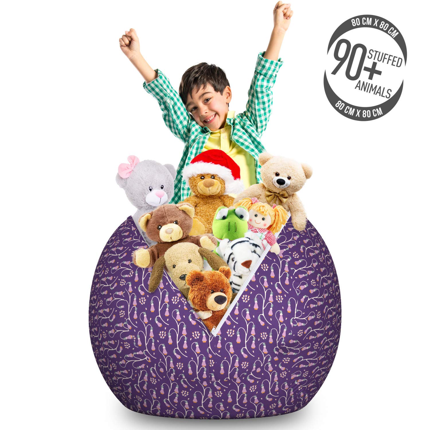 Ambesonne Floral Storage Toy Bag Chair - Large Washable Stuffed Animal Organizer with Botanical Blossom Design in Violet & Champagne | Perfect for Kids' Room, Nursery, or Playroom Organization