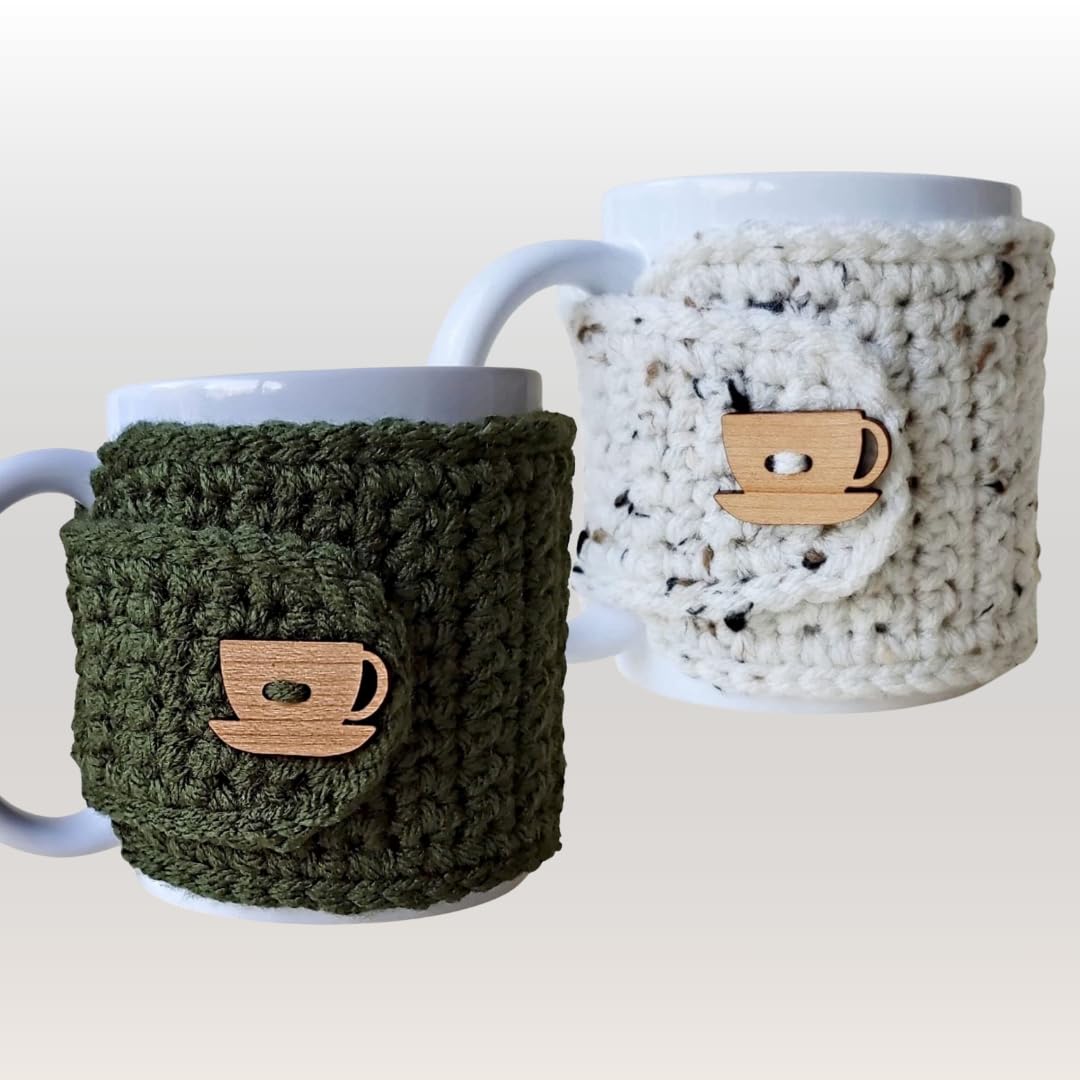 Olive & Oatmeal Cozy Mug Covers with Wooden Cup & Saucer Button - Perfect for Coffee, Tea & Hot Drinks - Ideal for Home, Office & Gifts