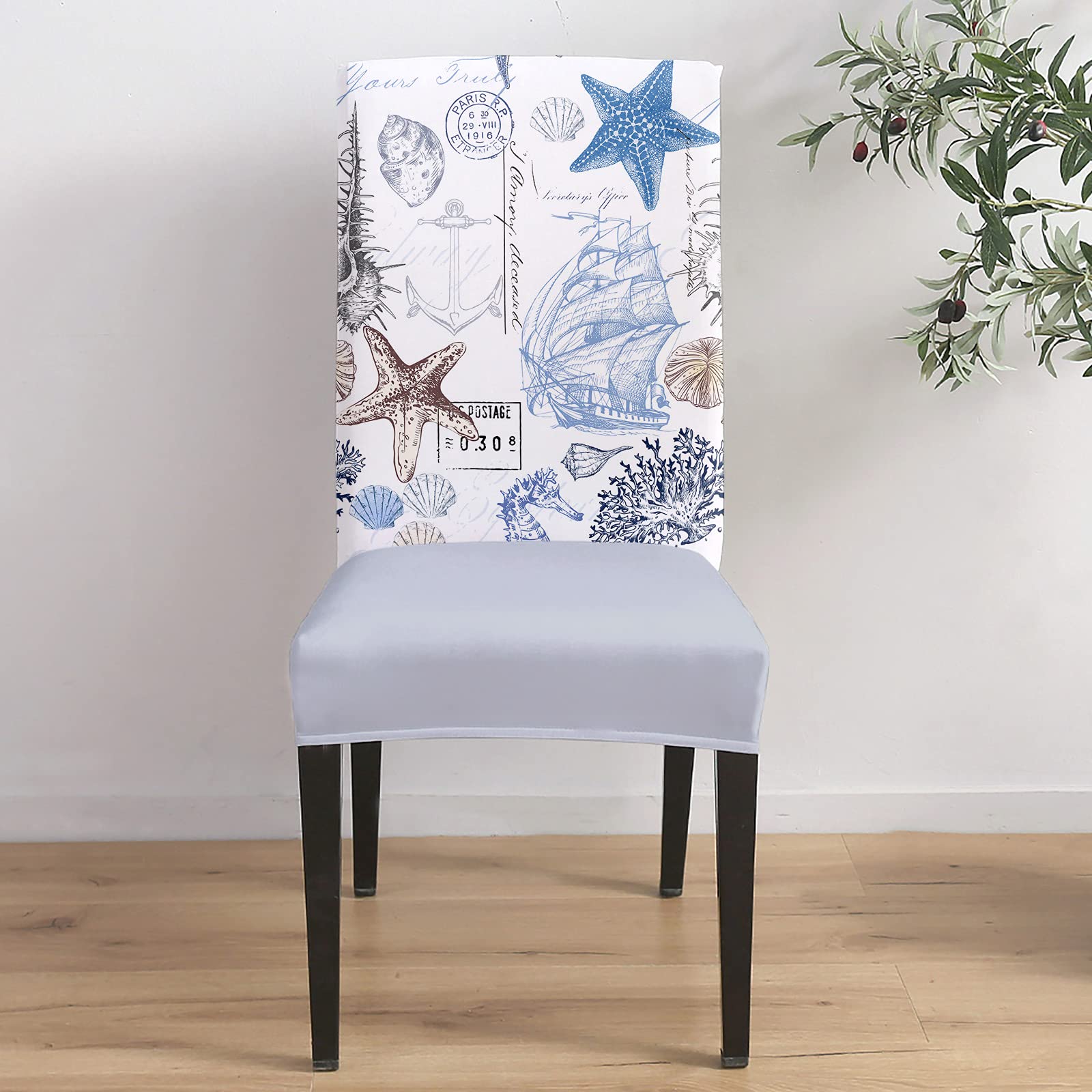 Stretch Dining Room Chair Covers Set of 6 - Nautical Sailboat Beach Theme with Starfish & Seashell Design, Elastic Bottom Seat Protectors for Kitchen, Office & Home Decor | Perfect for Coastal-Themed Dining Rooms, Beach Houses & Restaurant Decor