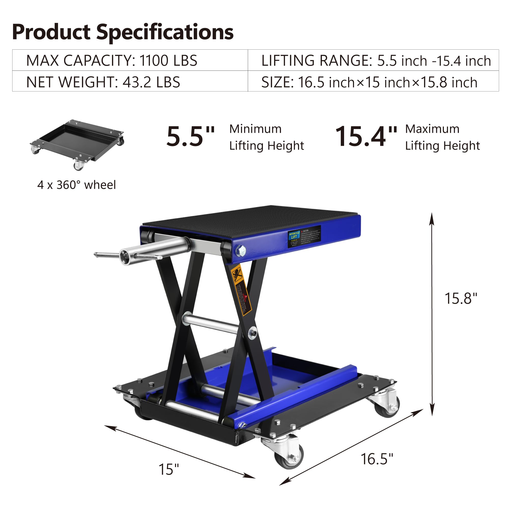 1100 LB Heavy Duty Motorcycle Scissor Lift Jack with Wide Deck & Dolly - Professional Bike Lift for Street Bikes, Cruisers & Touring Motorcycles - Perfect for Garage Repairs, Maintenance & Storage