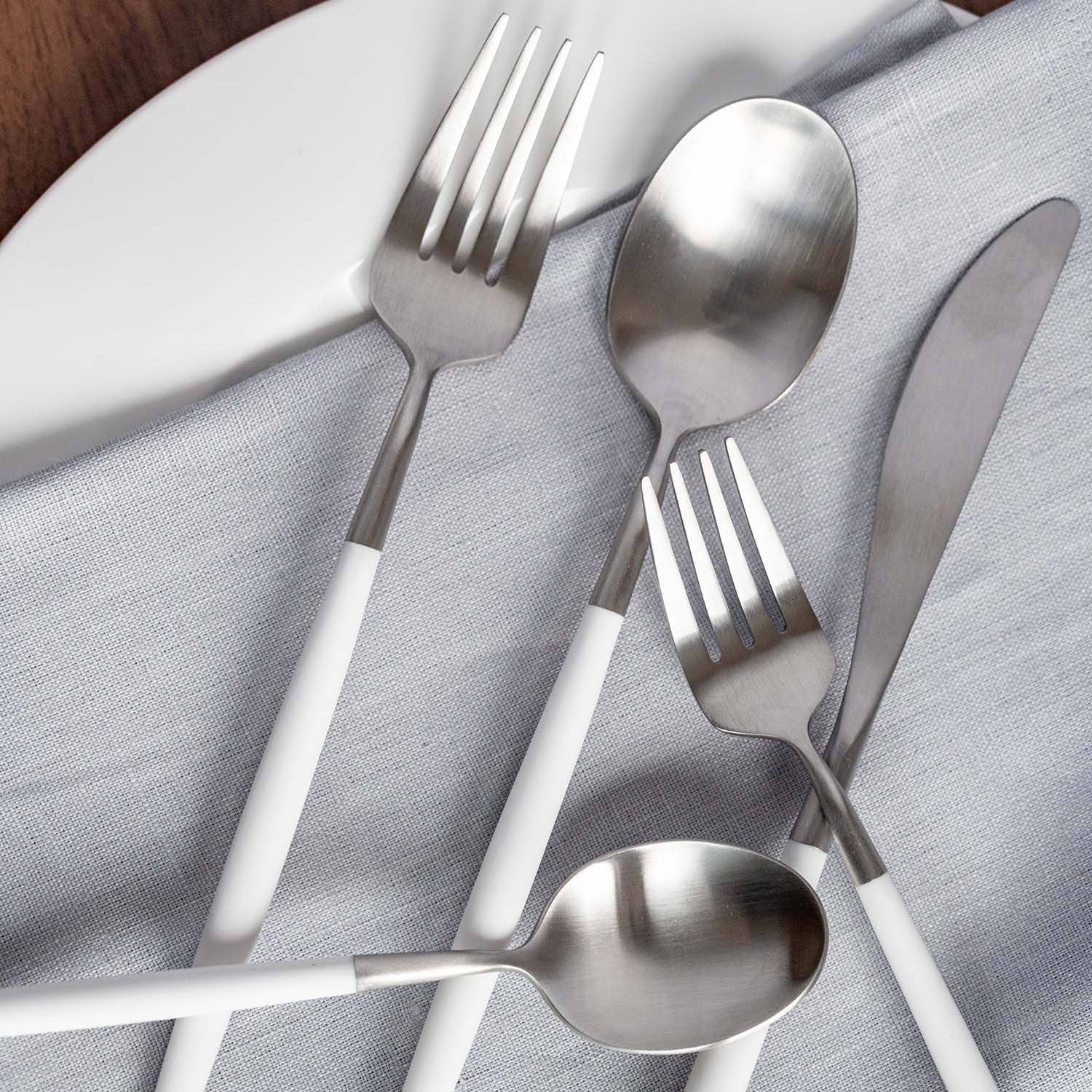 Luxury Mazzy 20-Piece Flatware Set with Satin White Finish & Elegant Pom Handle - Perfect for Weddings, Dinner Parties, and Upscale Dining