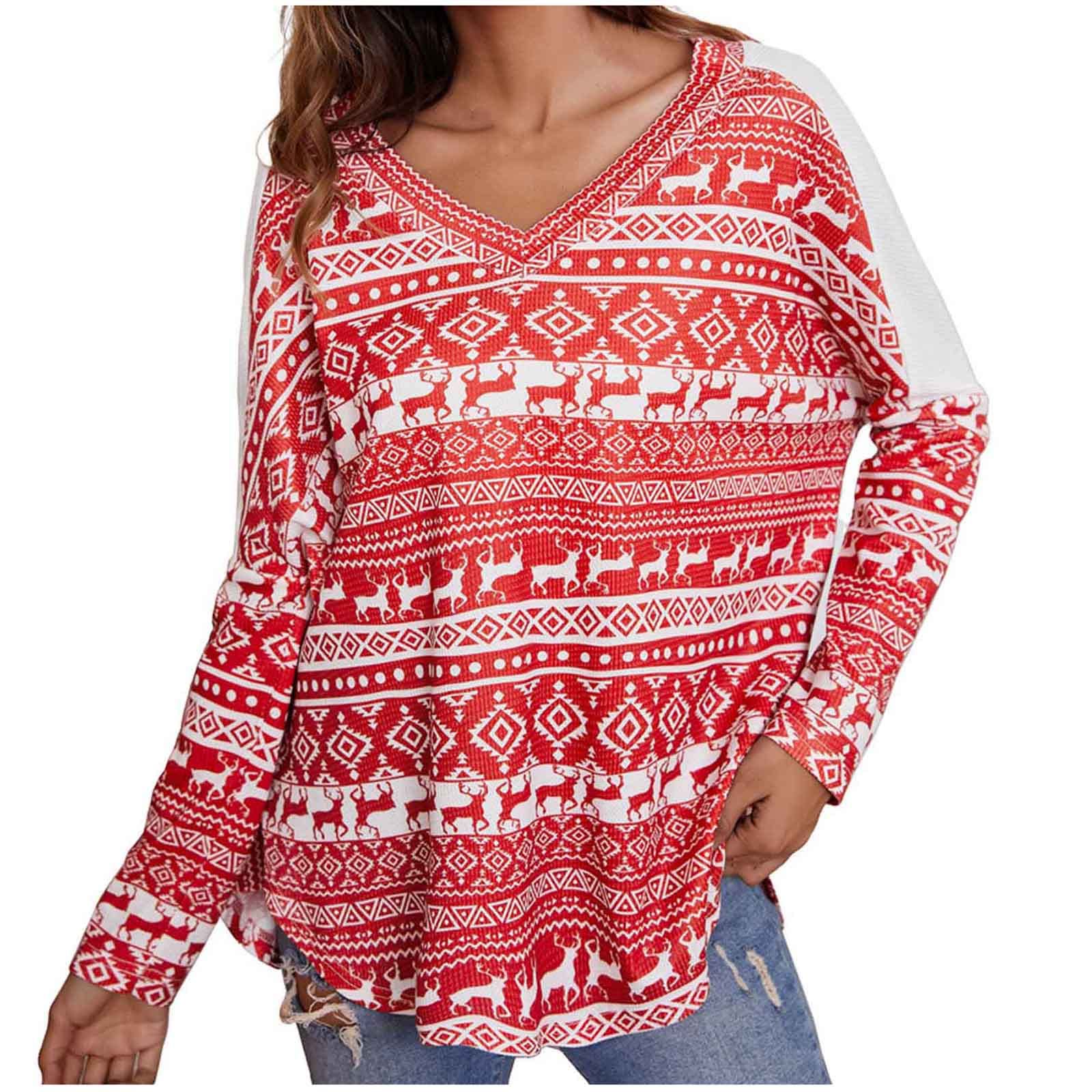 Women's Christmas Long Sleeve Shirts - Reindeer & Snowflake Retro Printed V-Neck Pullover Tops | Casual Loose Fit Holiday Sweater for Xmas Party, Family Gathering & Winter Outfits