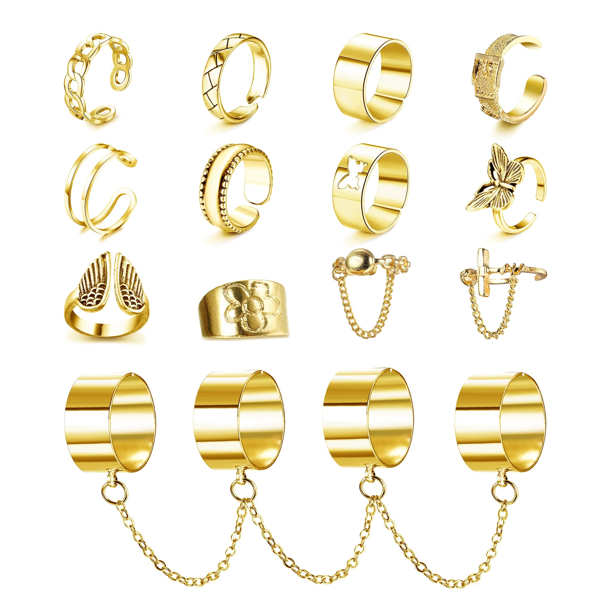 Vintage Goth Open Chain Rings Set - 16PCS Adjustable Punk Jewelry for Women & Men - Perfect for Gothic & Punk Fashion