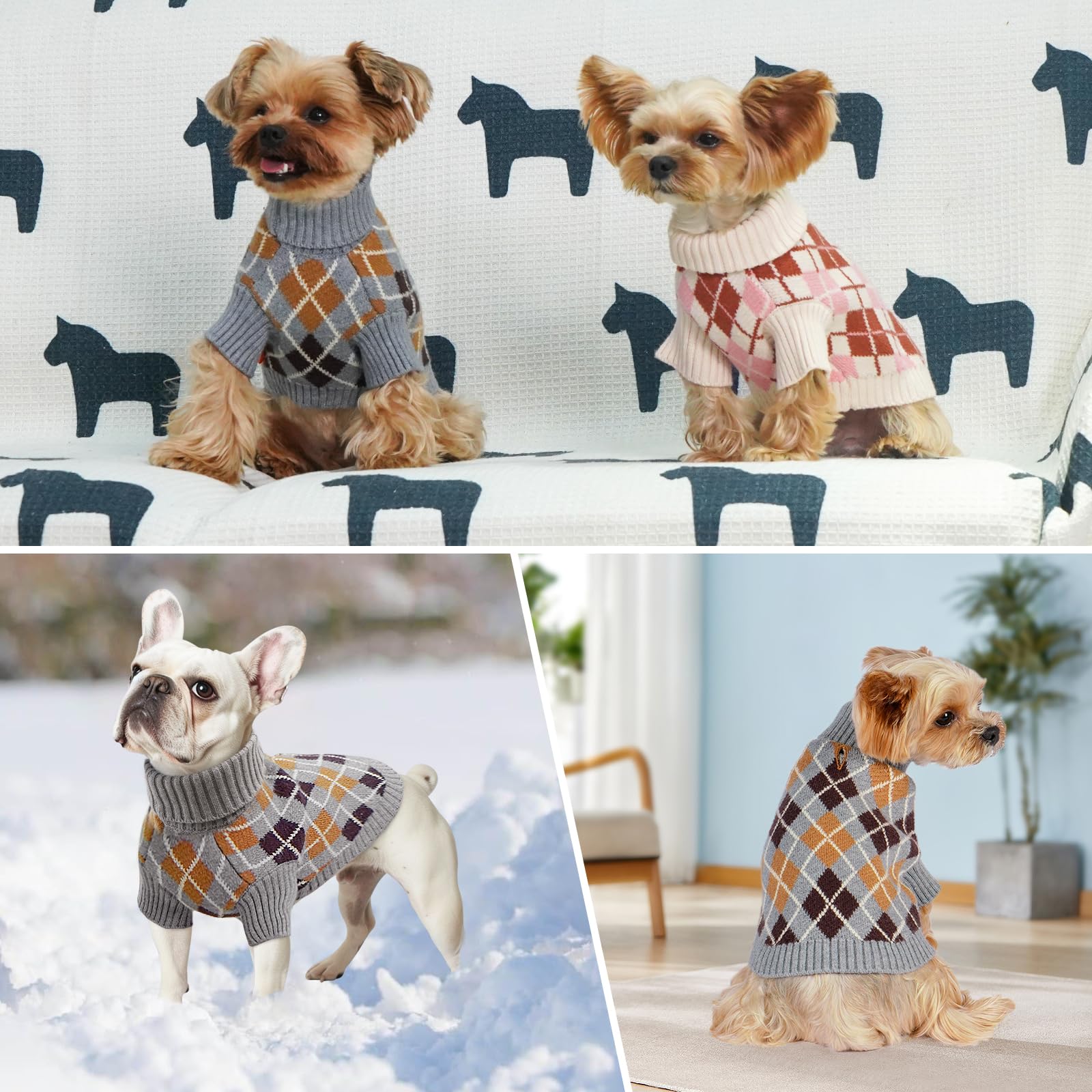 KYEESE Long Sleeve Turtleneck Dog Sweater - Diamond Plaid Pattern Warm Winter Coat for Small & Medium Dogs (Gray, X-Large) - Perfect for Cold Weather Walks and Indoor Comfort
